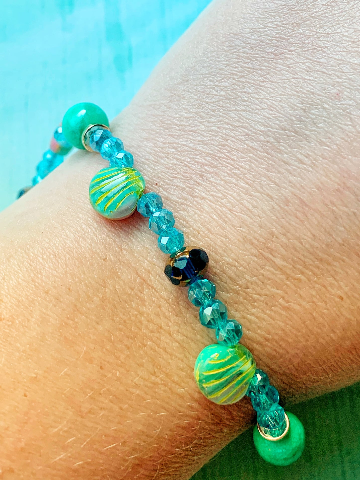 Aqua AB Crystal Beaded Bracelet with Capri Blue/Bronze Czech Glass Faceted Cathedral Rondelles, Czech Glass Scallop Shells, and Mint Quartz