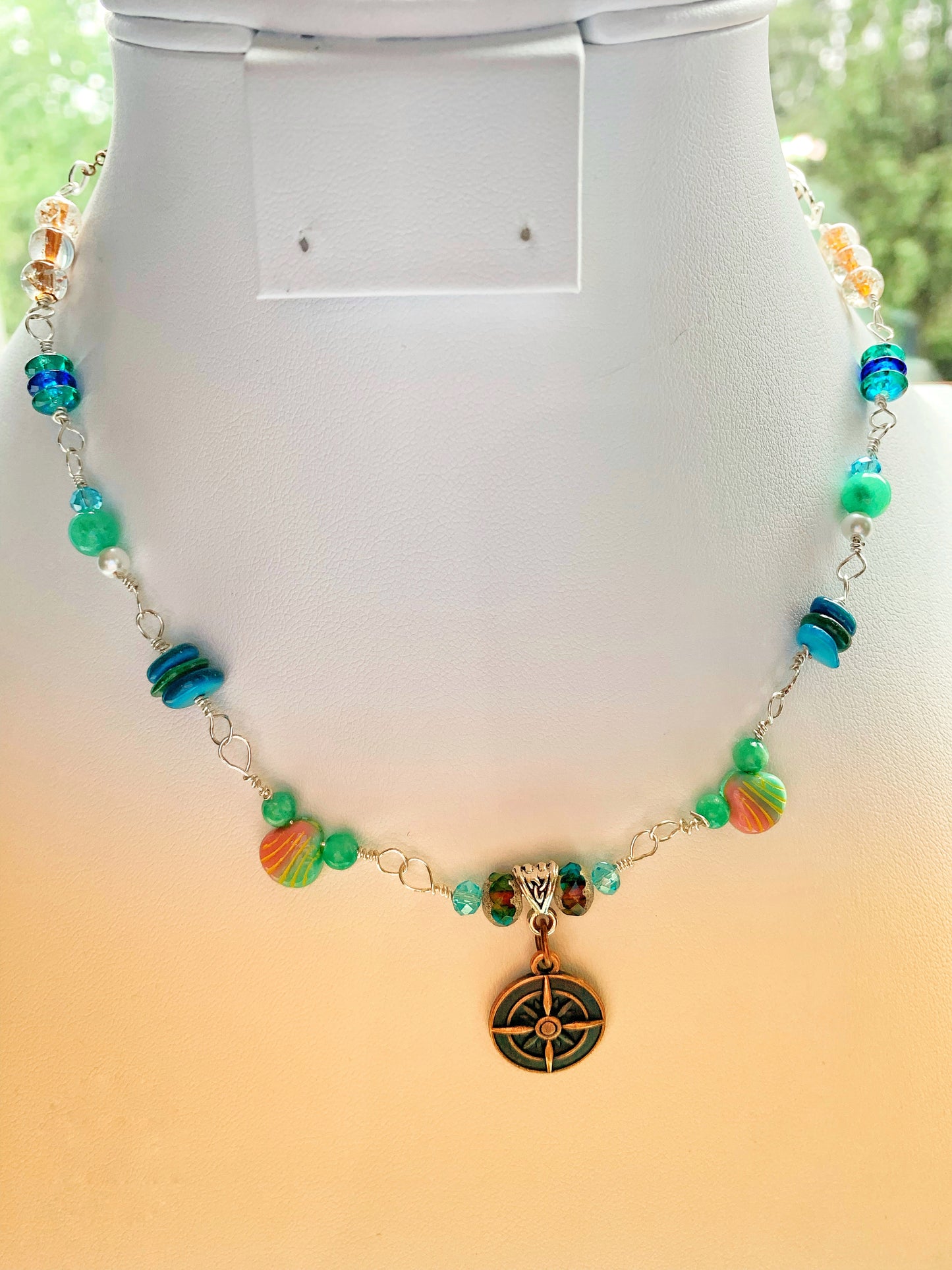 Wire Wrapped Necklace with Pink/Sea Green Czech Glass Scallop Shells, Shell Rondelles, Mint Quartz, Bronze Compass Charm Pendant, and Copper Chain