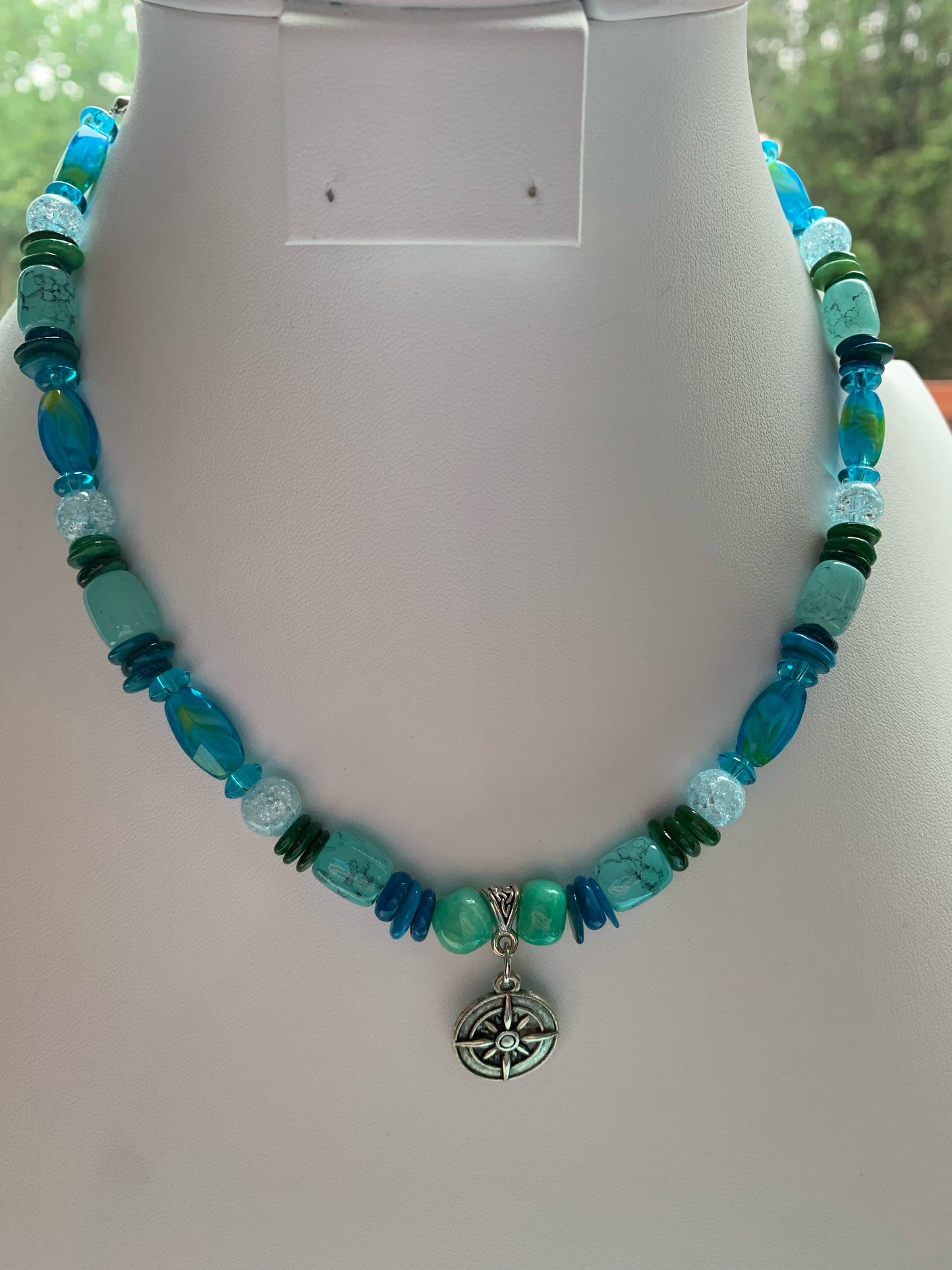 Aqua and Green Shell and Glass Rondelle Beaded Necklace with Mint Colored Quartz Nuggets, Antique Silver Compass Charm Pendant, and Silver Chain