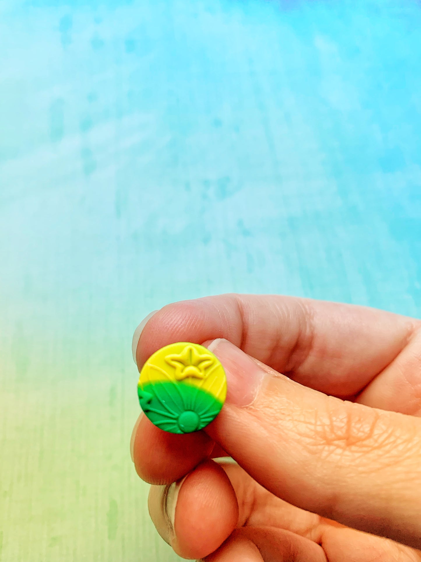 Handmade Polymer Clay Green and Yellow Stamped Flower Round Post Earrings with Stainless Steel Earring Backs