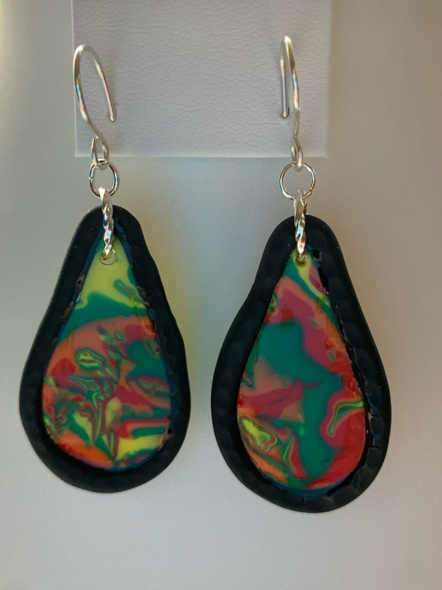 Handmade Polymer Clay Makume Gane Green, Red, Orange, and Yellow Teardrop Earrings