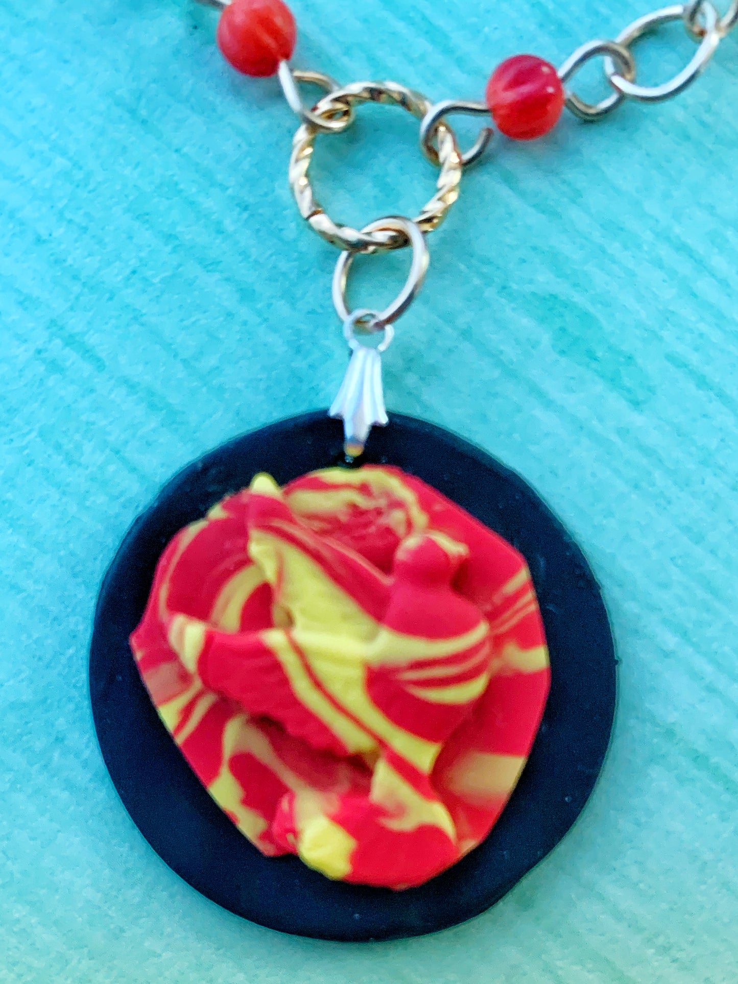 Red and Yellow Czech Glass and Stone Bead Link Necklace with Handmade Polymer Clay Red and Yellow Bird Round Pendant