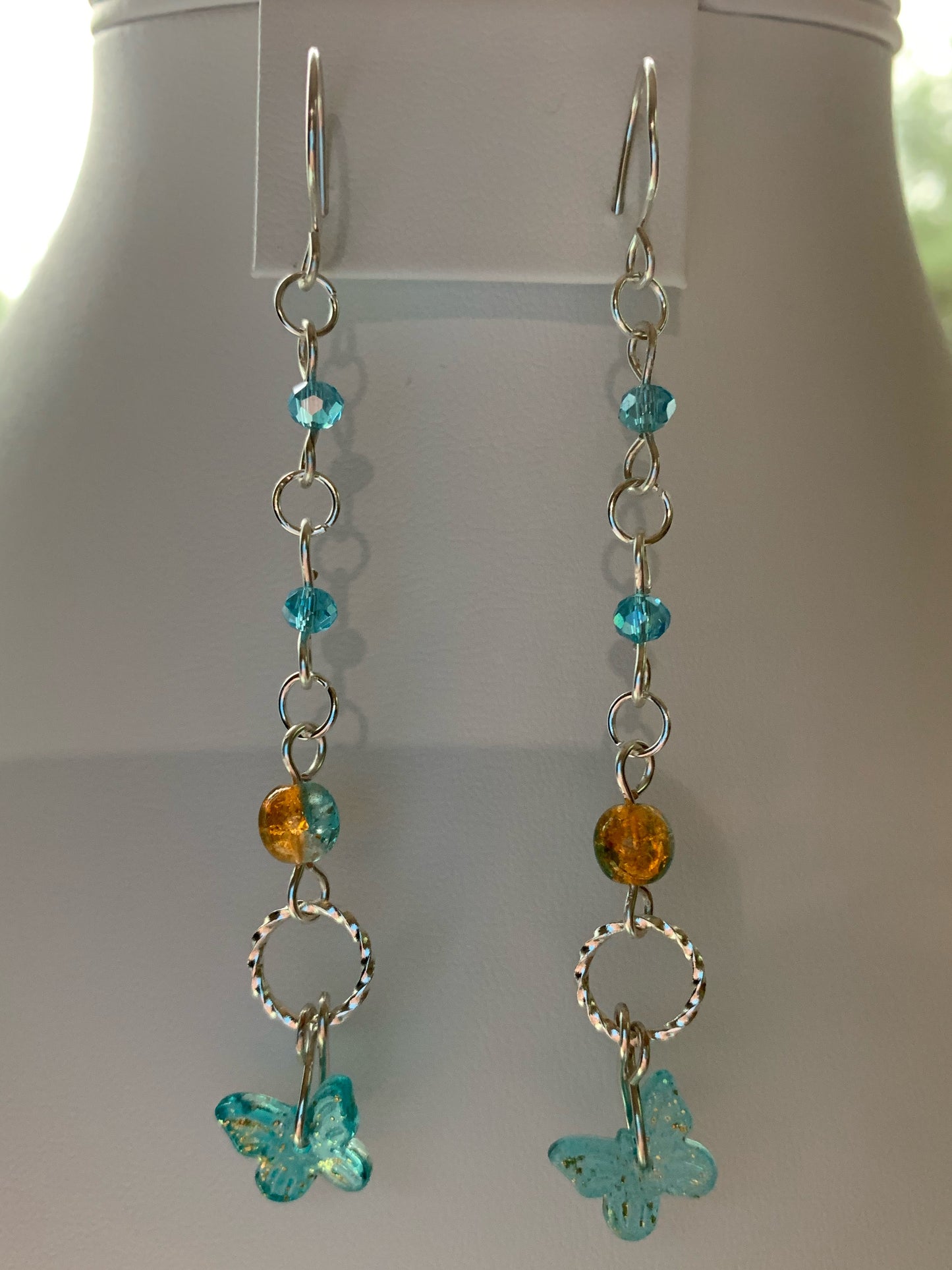 Aqua and Gold Speckle Glass Butterfly Dangle Earrings with Handmade Ear Wires