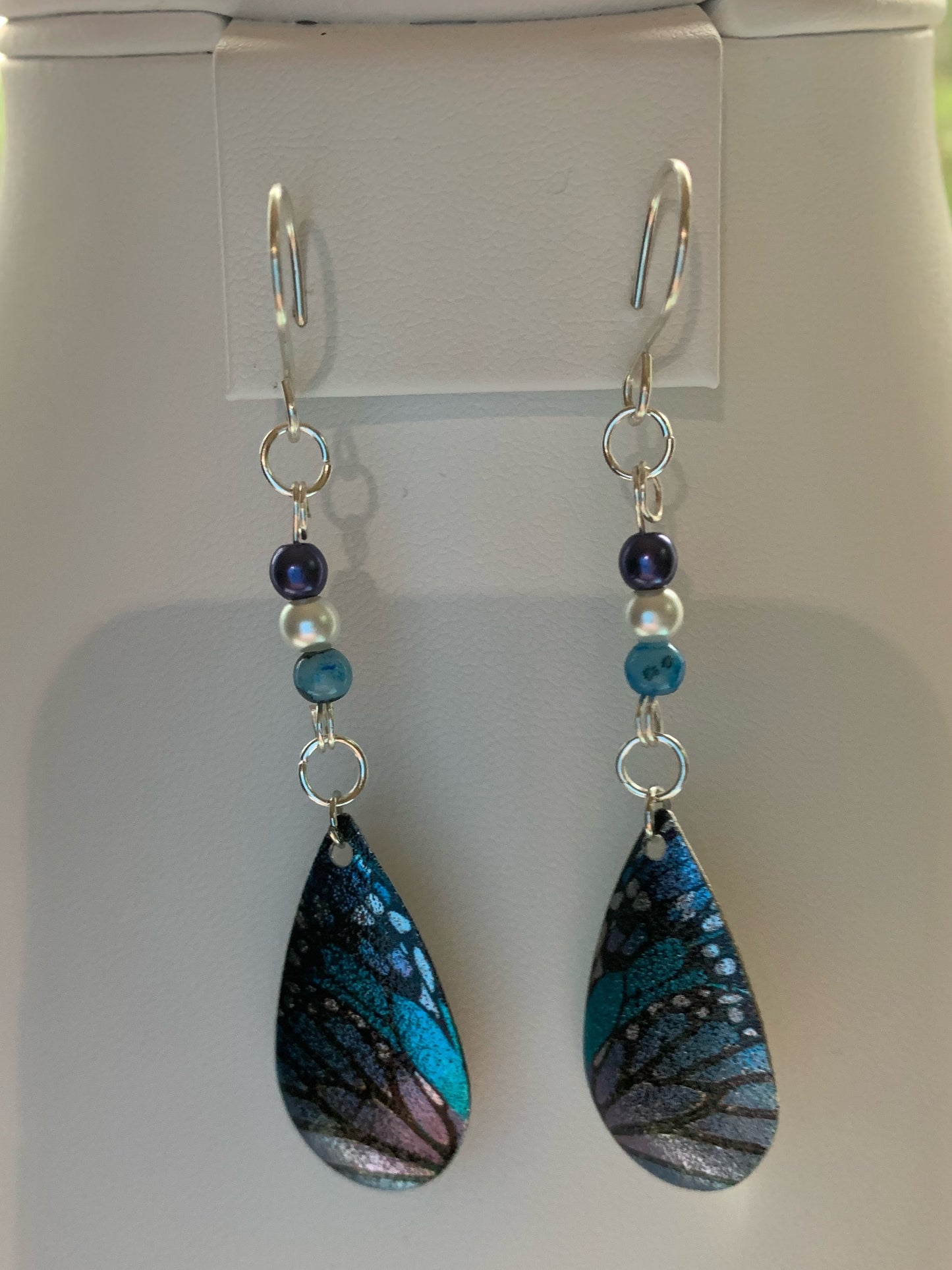 Purple, Blue and Silver Enamel Butterfly Wing Dangle Earrings with Handmade Ear Wires
