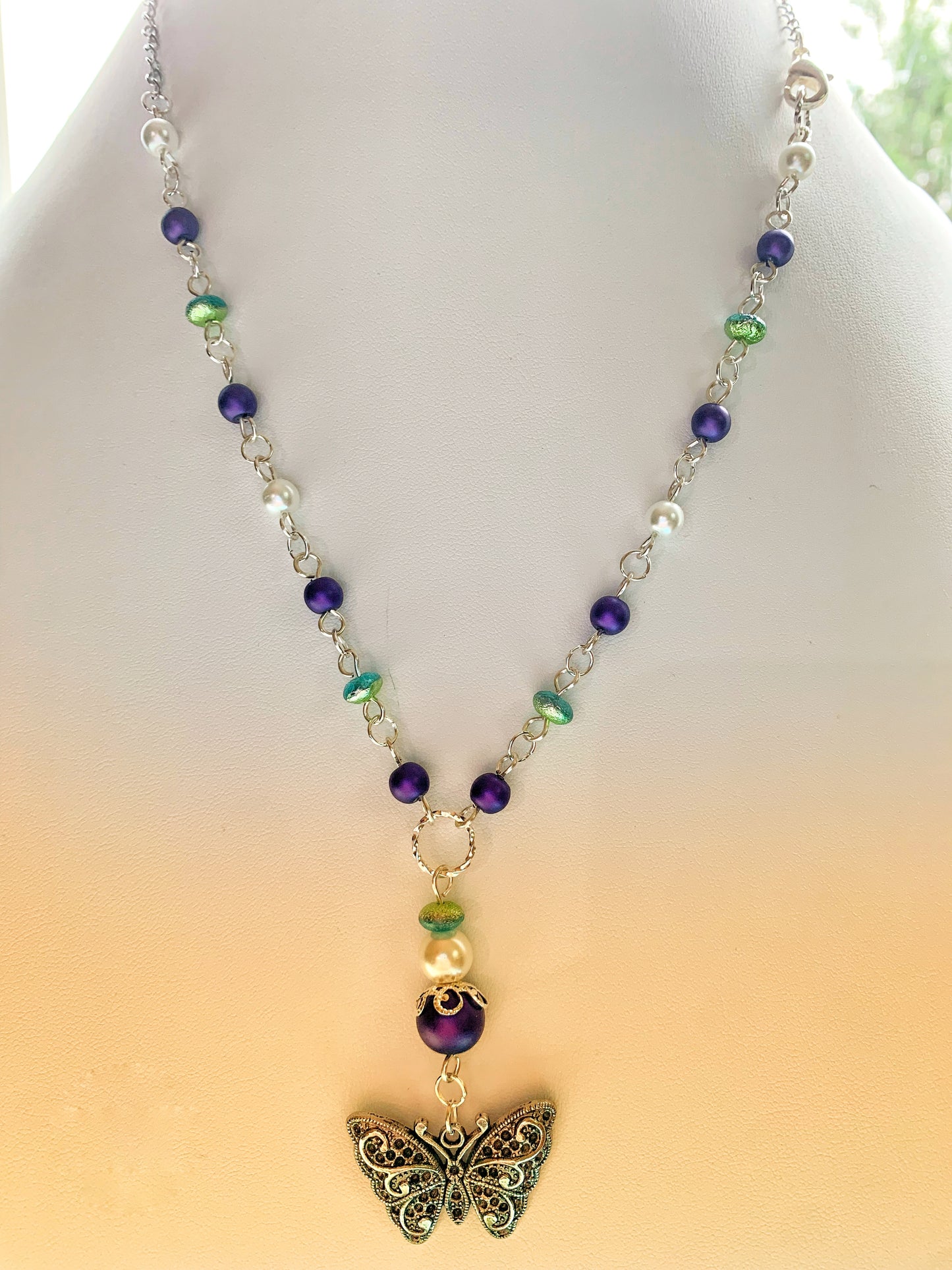 Purple and White Glass Pearl Chain Link Necklace with Green and Aqua Glass Etched Rondelle Beads and a Fancy Silver Metal Butterfly Charm Pendant