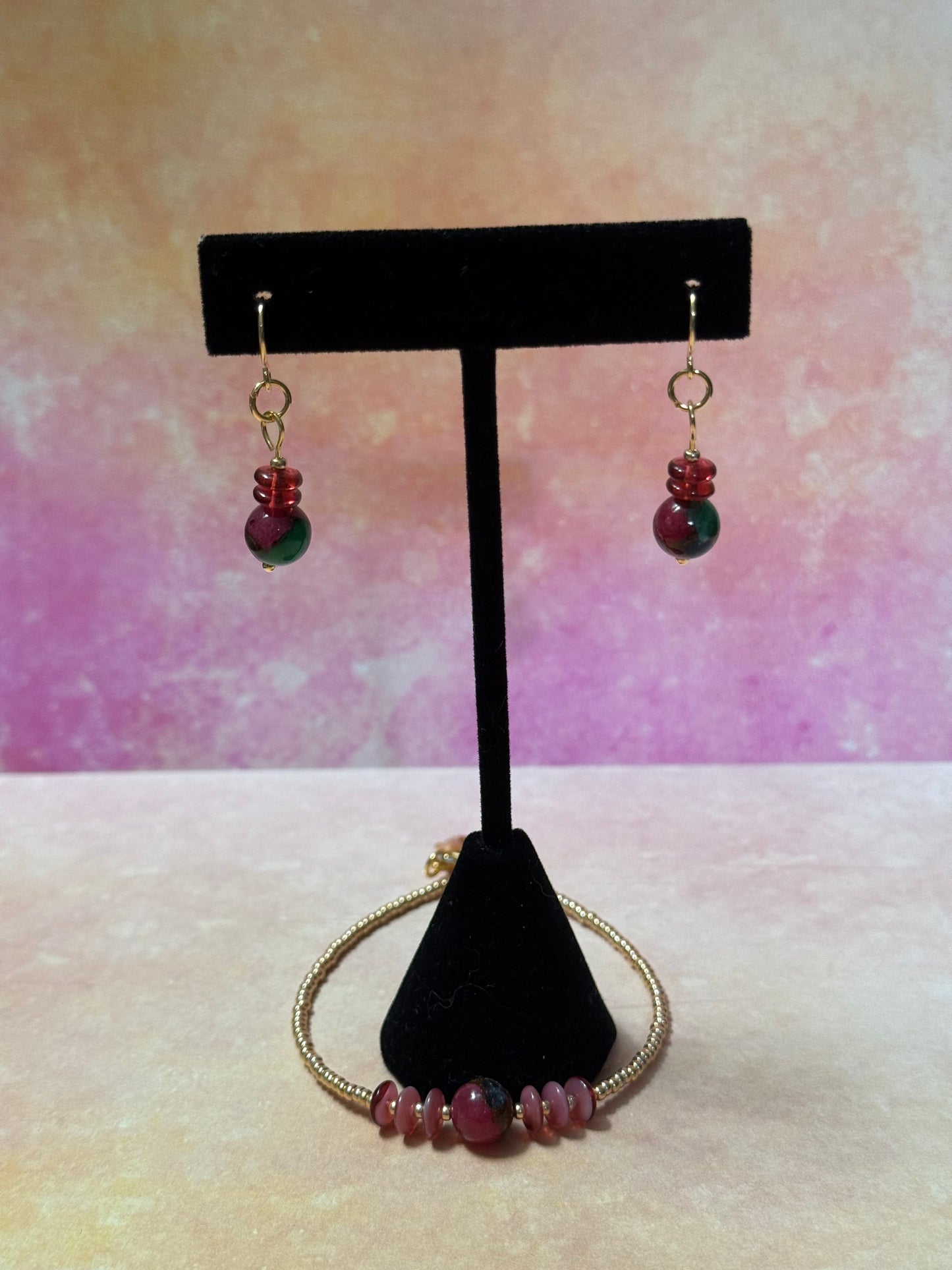 Cranberry Czech Glass and Green, Red and Gold Gemstone Bracelet and Earrings Set