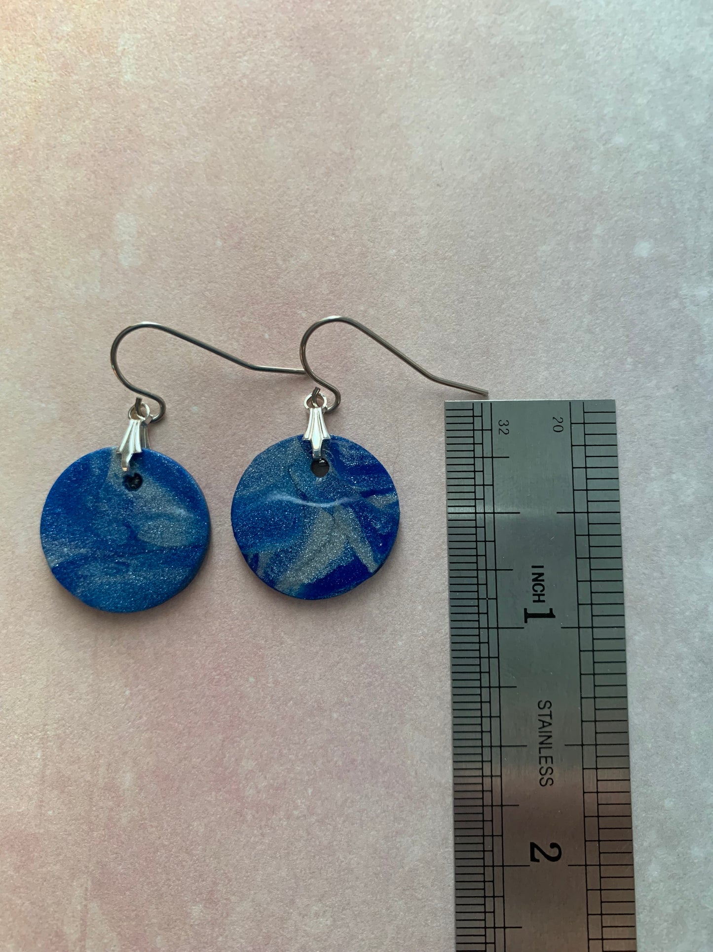 Handmade Holiday Polymer Clay Blue and Silver Swirl Circle Earrings