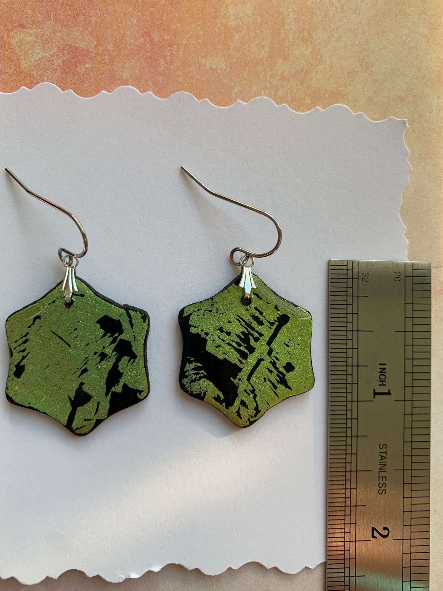 Handmade Holiday Polymer Clay Green Foil Hexagon Earrings