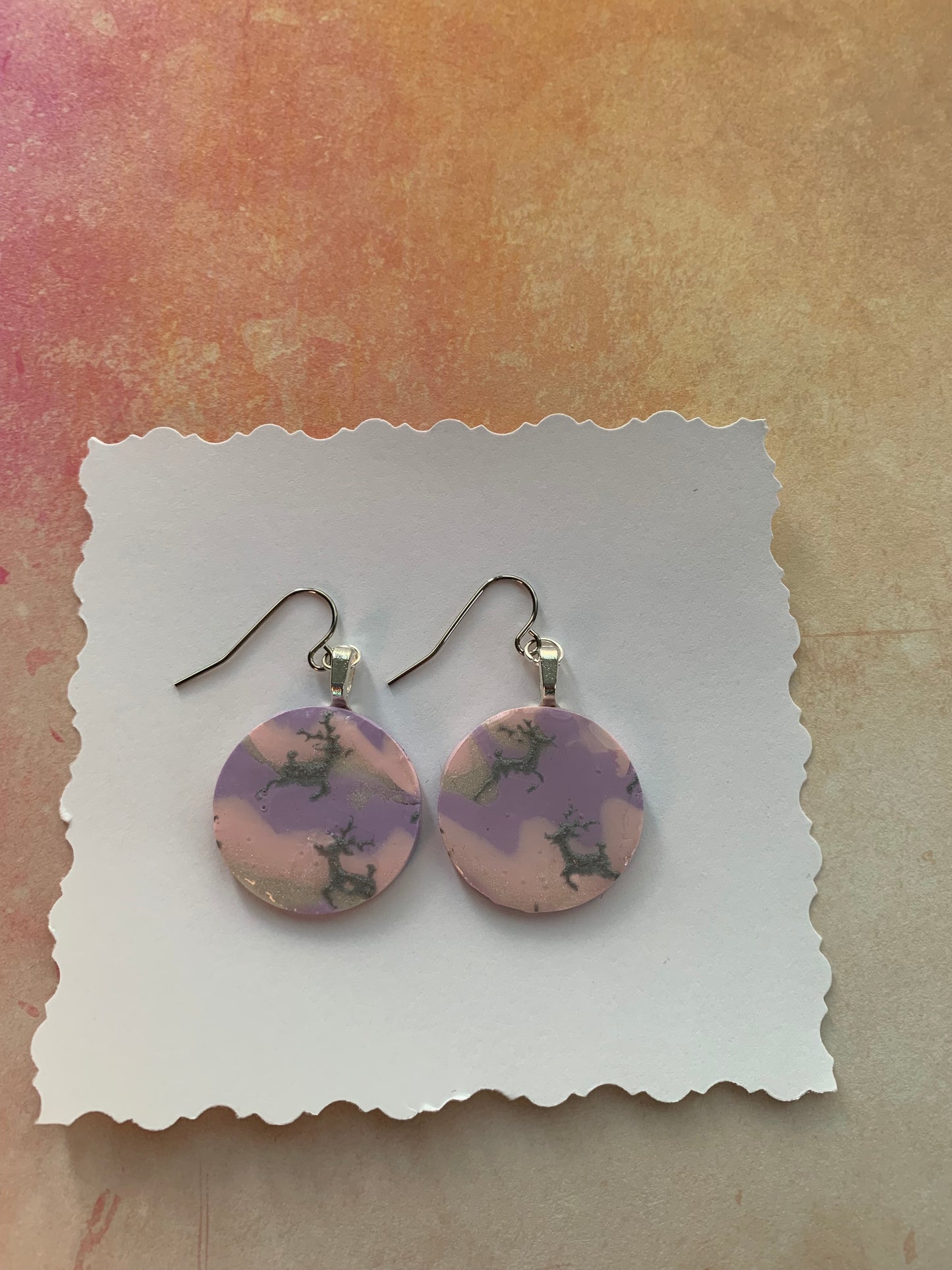 Handmade Holiday Polymer Clay Pink, Purple and Silver Reindeer Earrings 1