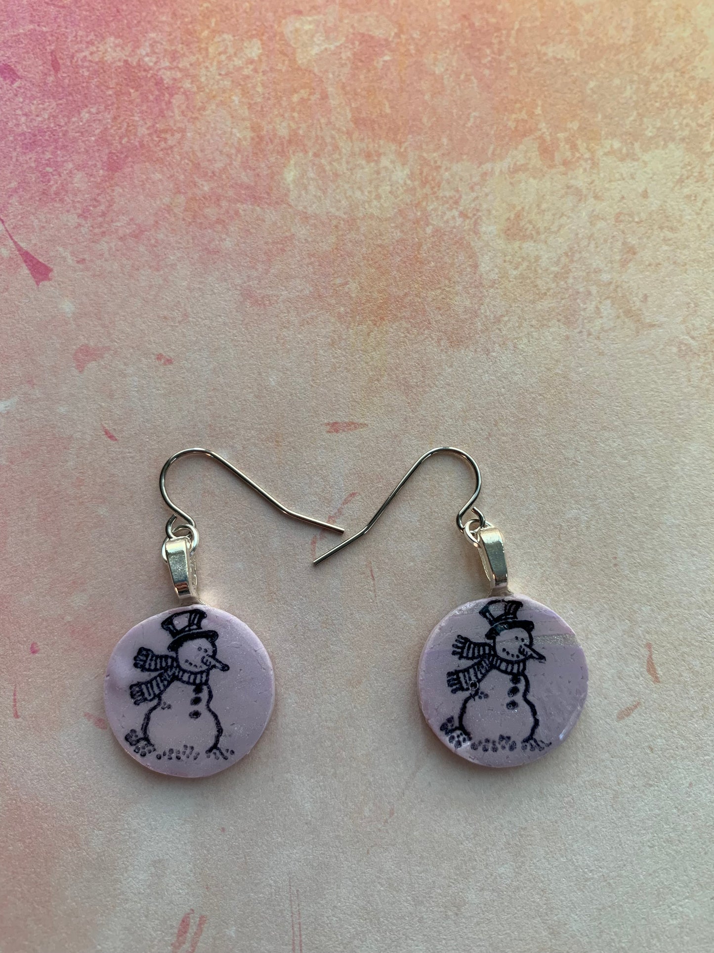 Handmade Holiday Polymer Clay Pink, Purple and Silver Snowmen Earrings 1