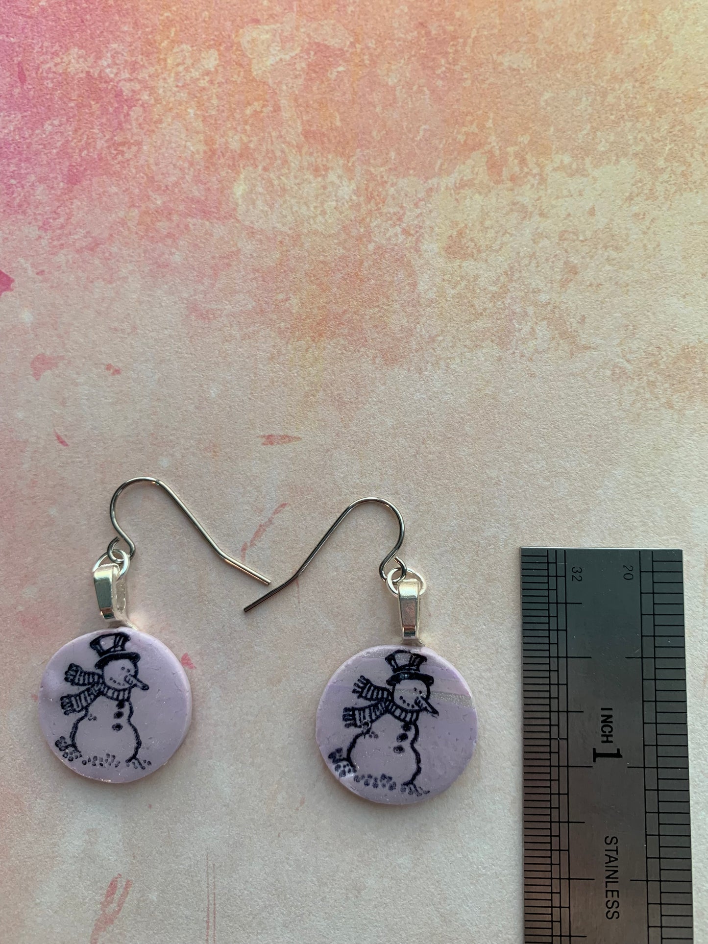 Handmade Holiday Polymer Clay Pink, Purple and Silver Snowmen Earrings 1
