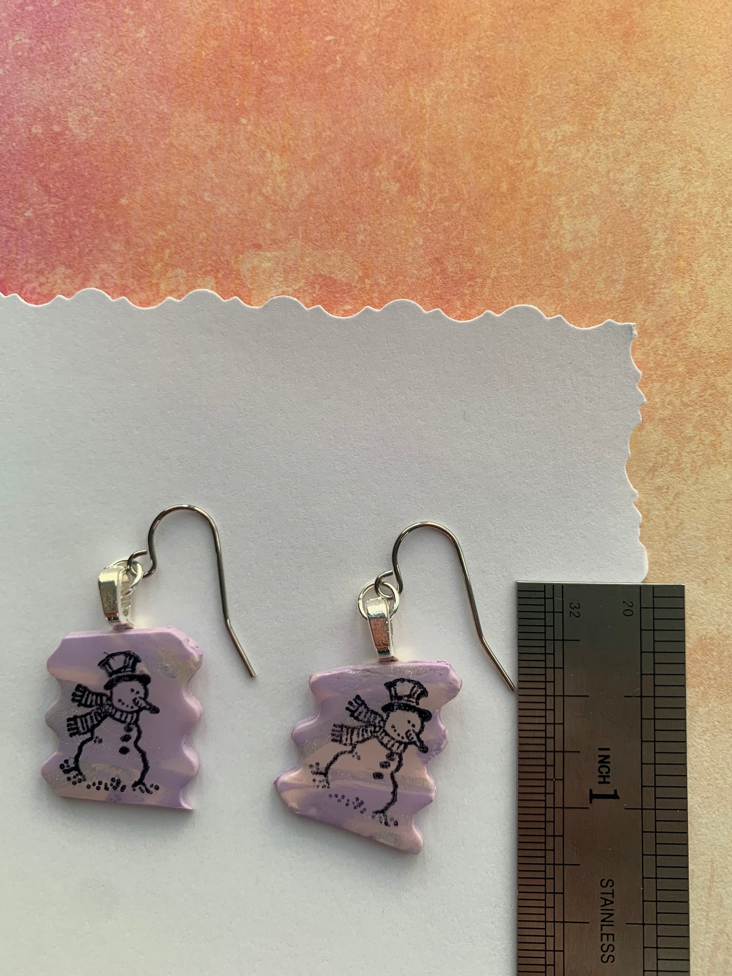 Handmade Holiday Polymer Clay Pink, Purple and Silver Snowmen Earrings 2