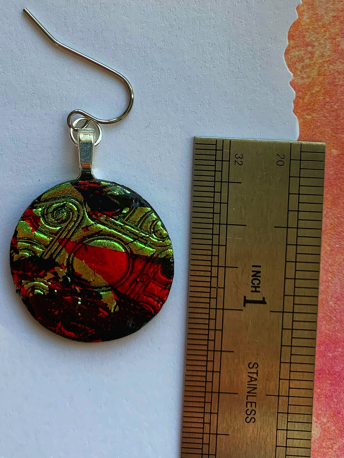 Handmade Holiday Polymer Clay Red and Green Foil Circle Earrings