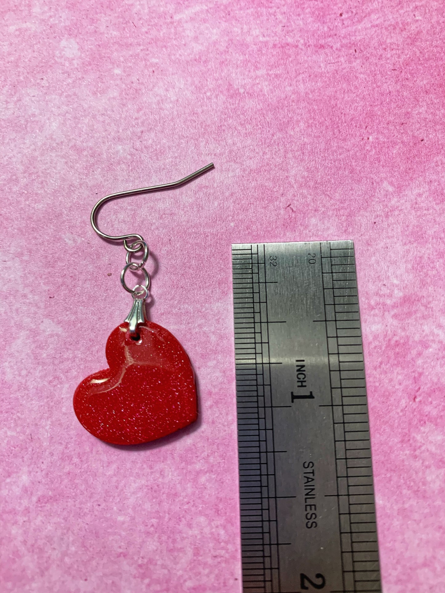 Handmade Red Glitter Polymer Clay Heart Dangle Earrings