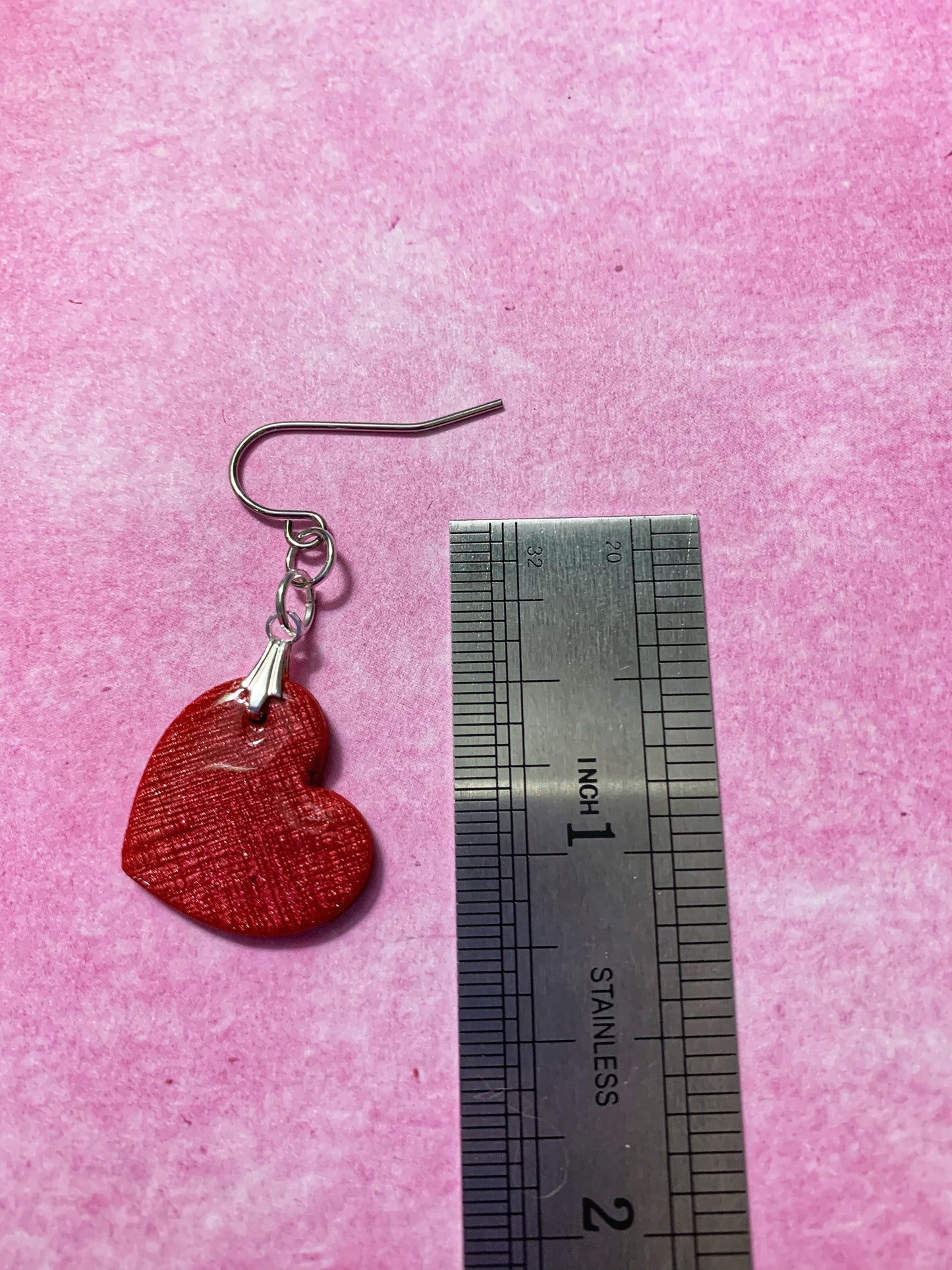 Handmade Red Glitter Polymer Clay Textured Heart Dangle Earrings with Red Pearl Mica Powder