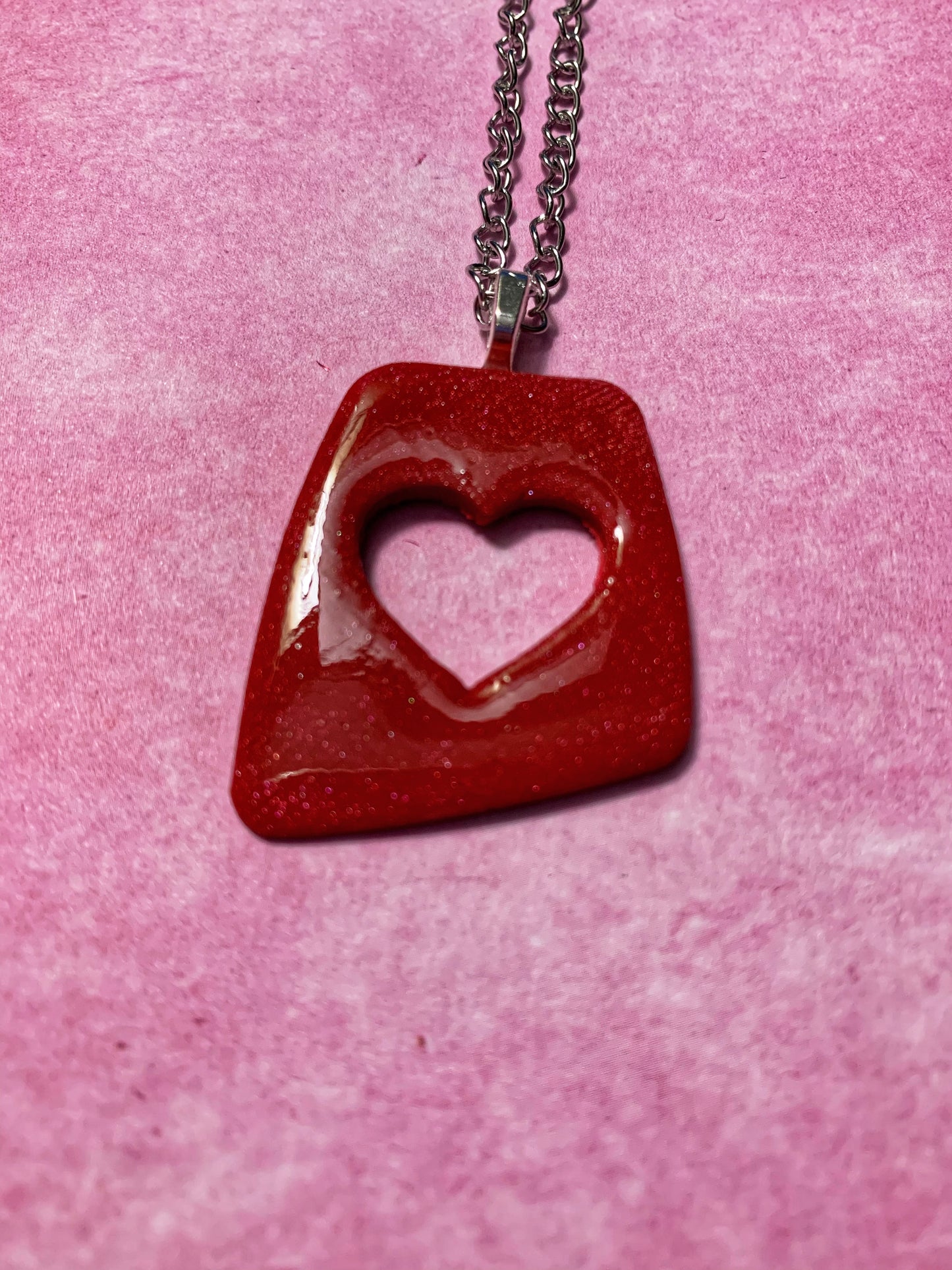 Handmade Red Glitter Textured Polymer Clay Heart Cutout Pendant