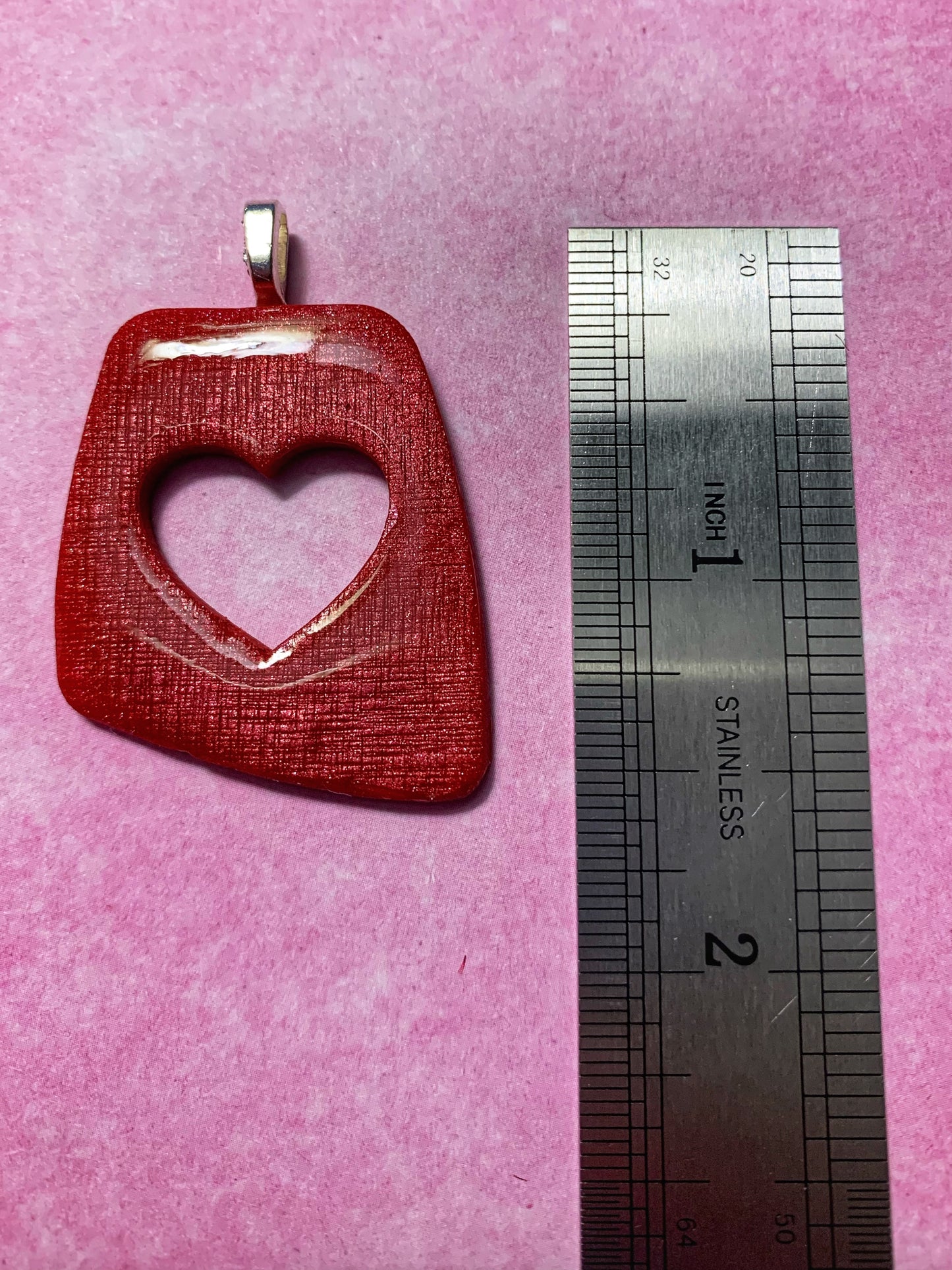 Handmade Red Glitter and Mica Powder Textured Polymer Clay Heart Cutout Pendant