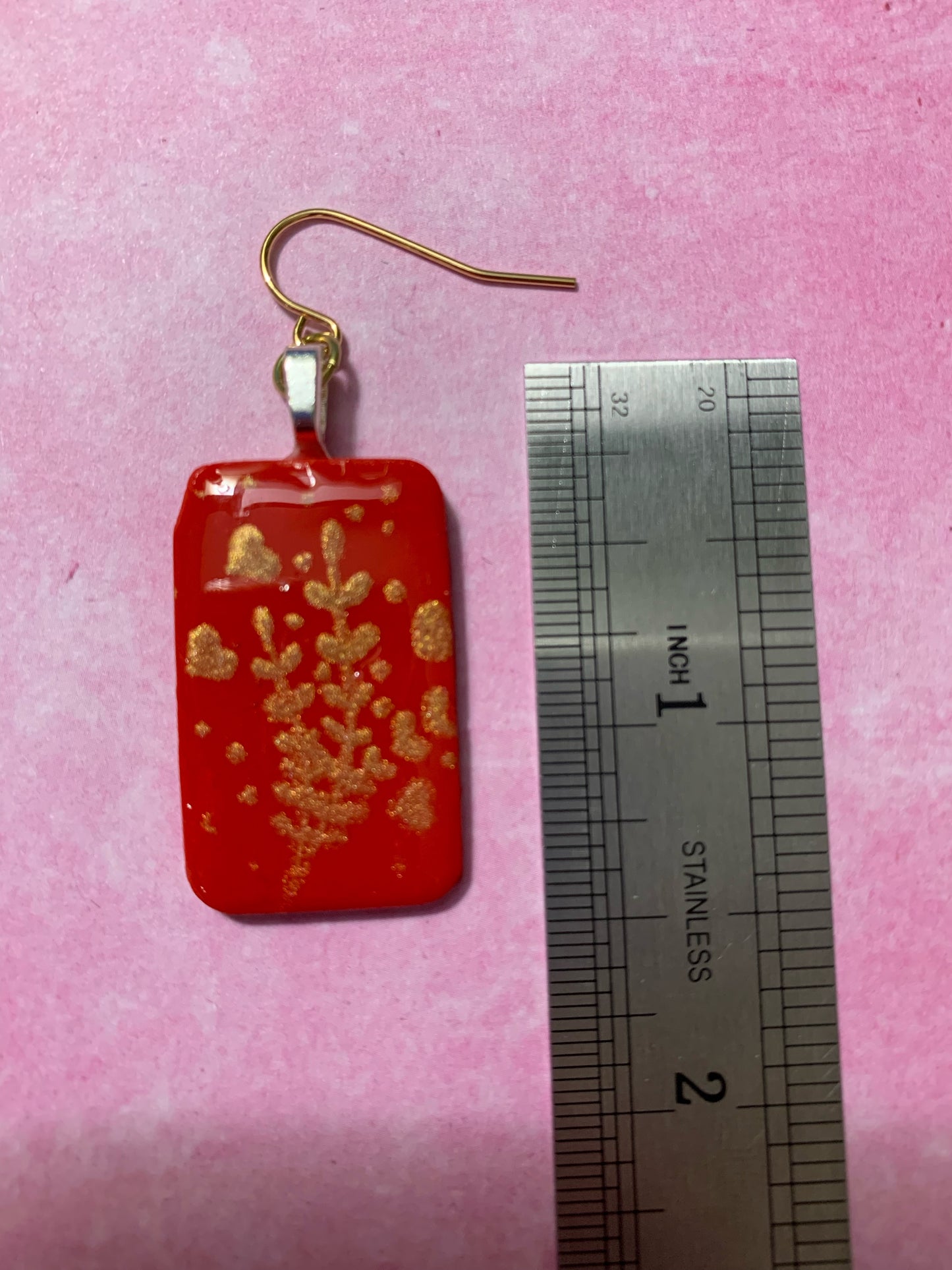 Handmade Red Polymer Clay Dangle Earrings with Gold Paint Silkscreened Flowers and Hearts