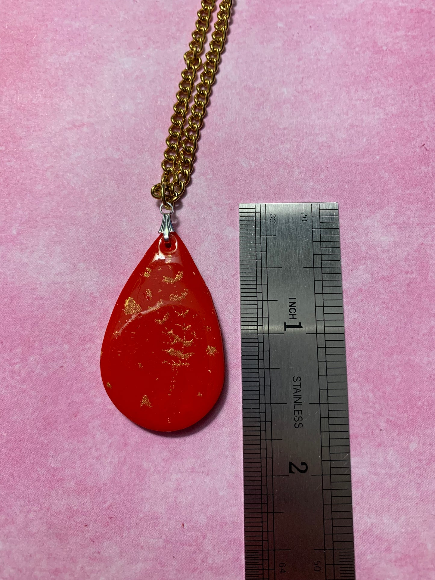 Handmade Red Polymer Clay Gold Paint Silkscreened Flowers and Hearts Pendant Necklace