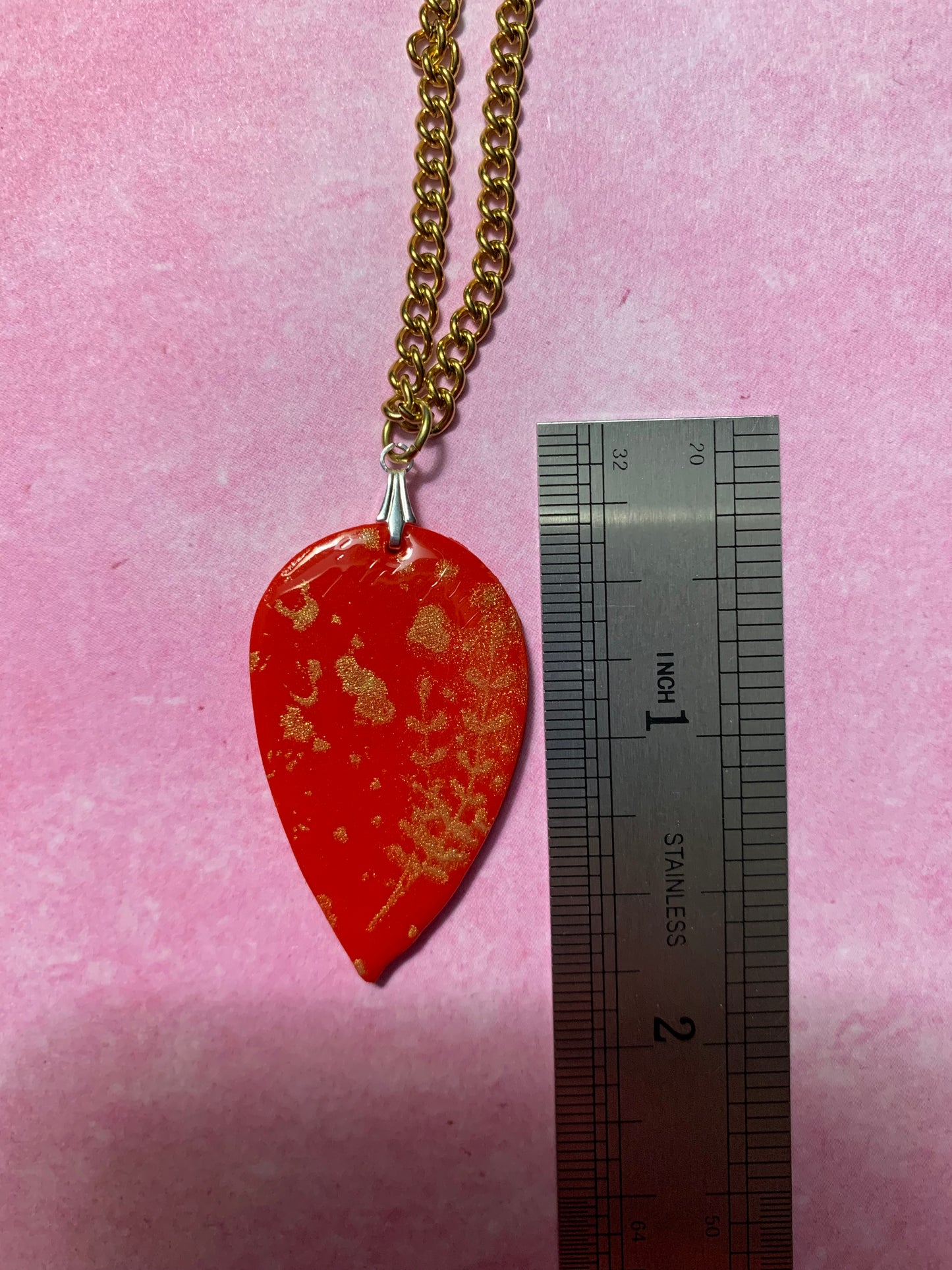 Handmade Red Polymer Clay Gold Paint Silkscreened Flowers and Hearts Petal Pendant Necklace