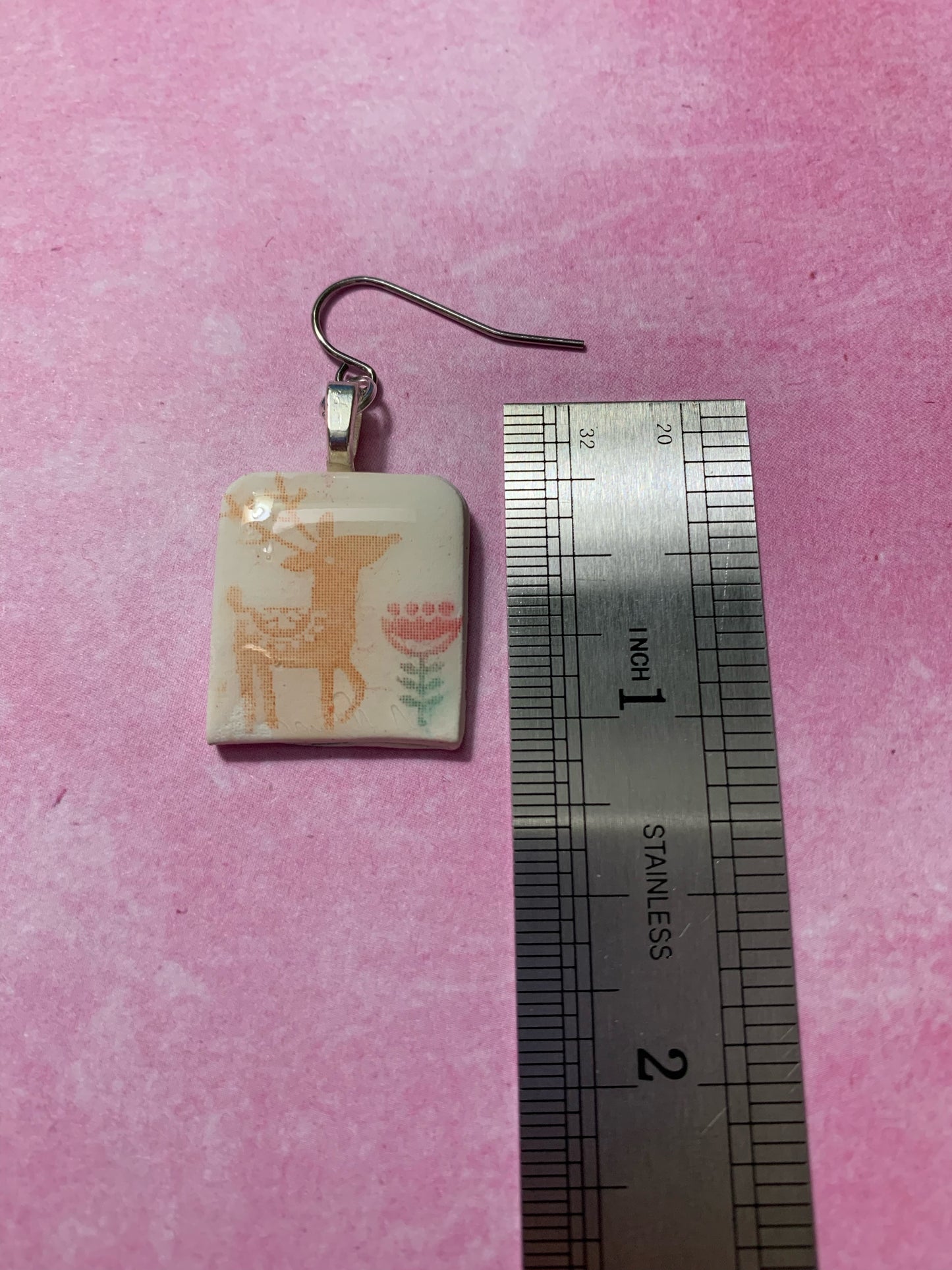 Handmade White Polymer Clay Dangle Earrings with Chalk Pastels Silkscreened Reindeer and Flowers