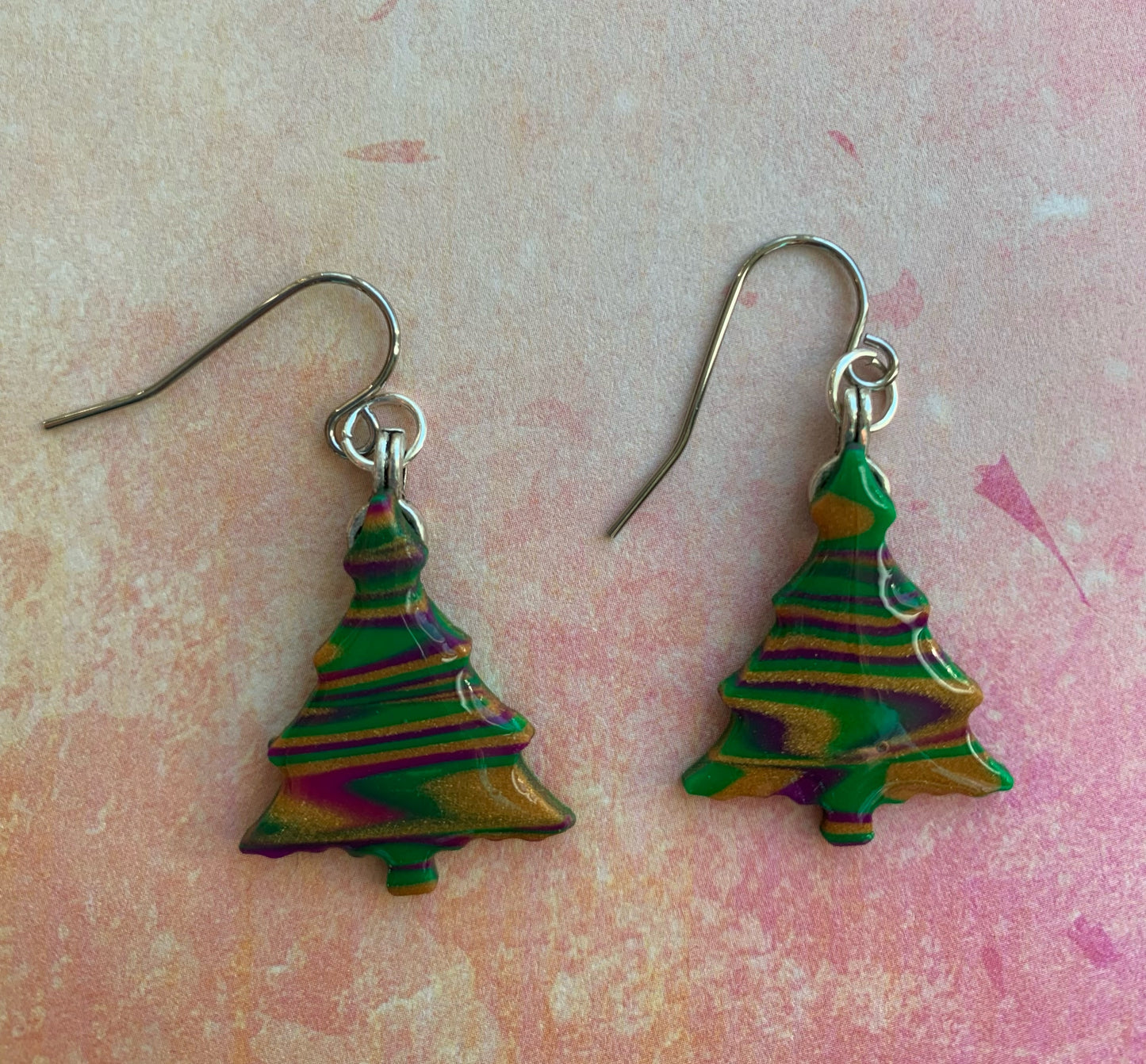 Handmade Holiday Polymer Clay Gold, Green and Purple Layered Tree Earrings