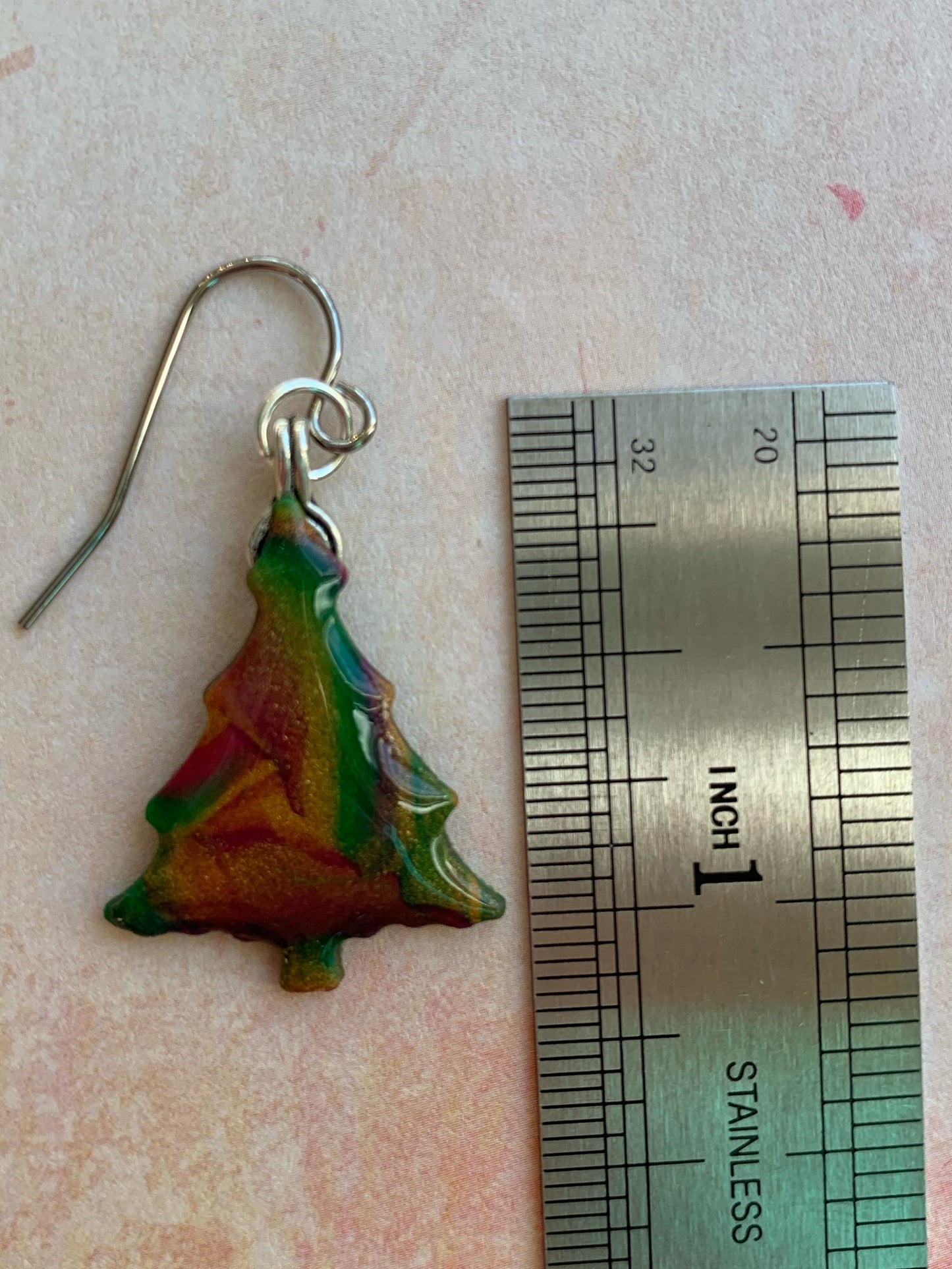 Handmade Holiday Polymer Clay Gold, Green and Purple Swirled Tree Earrings