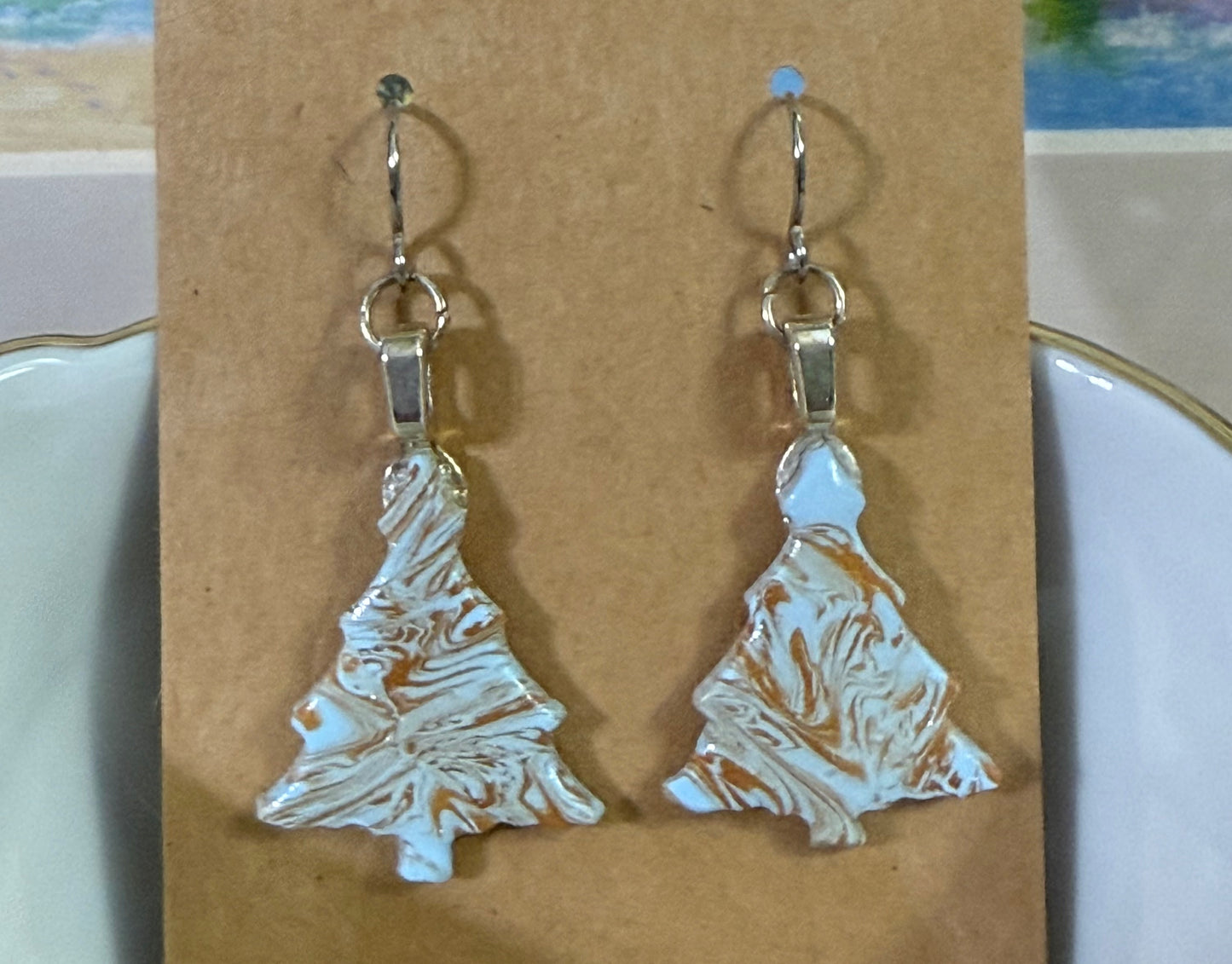 Polymer Clay Baby Blue and Gold Swirled Tree Earrings