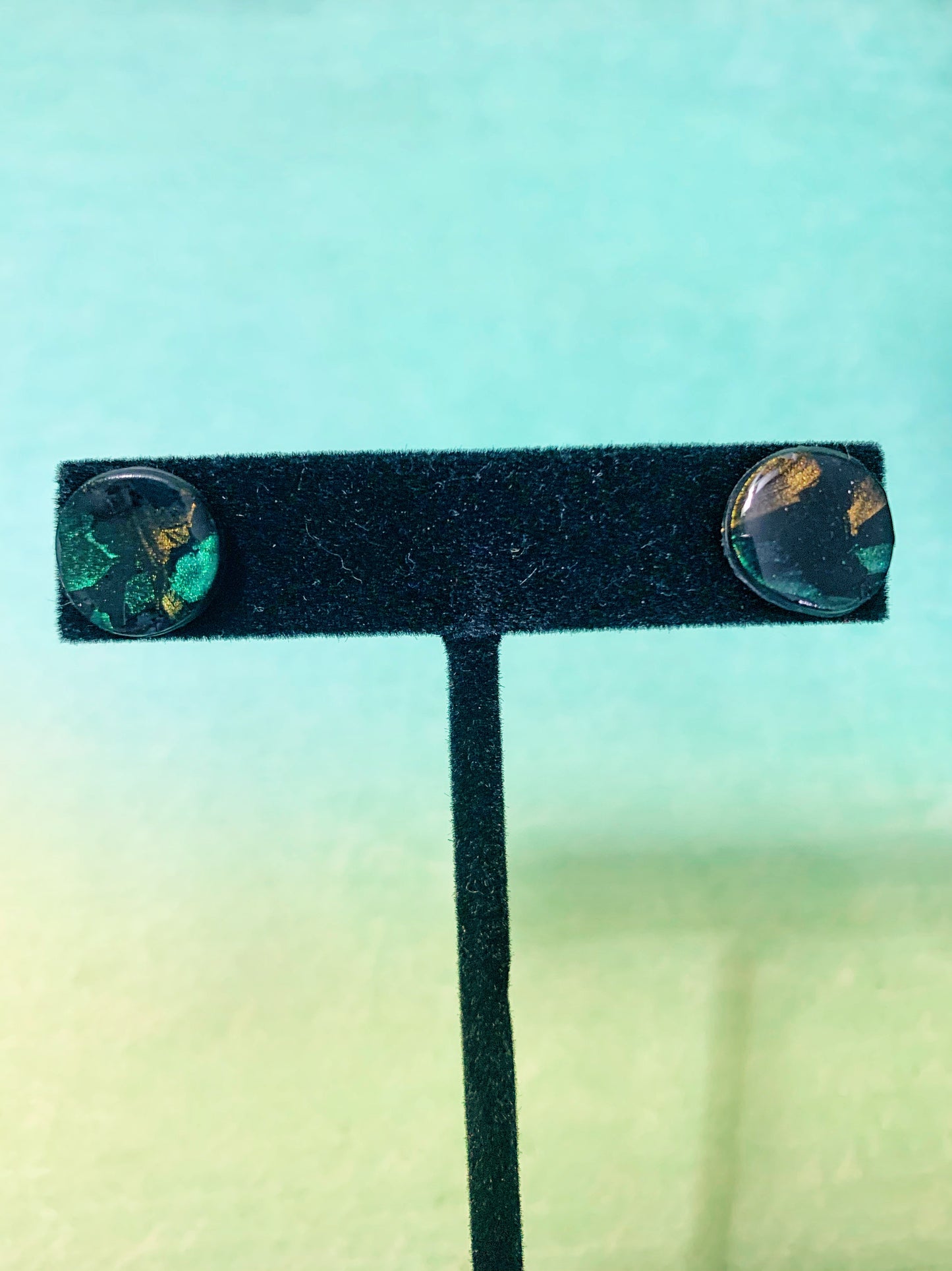 Handmade Polymer Clay Circle Post Earrings - Green and Gold on Black