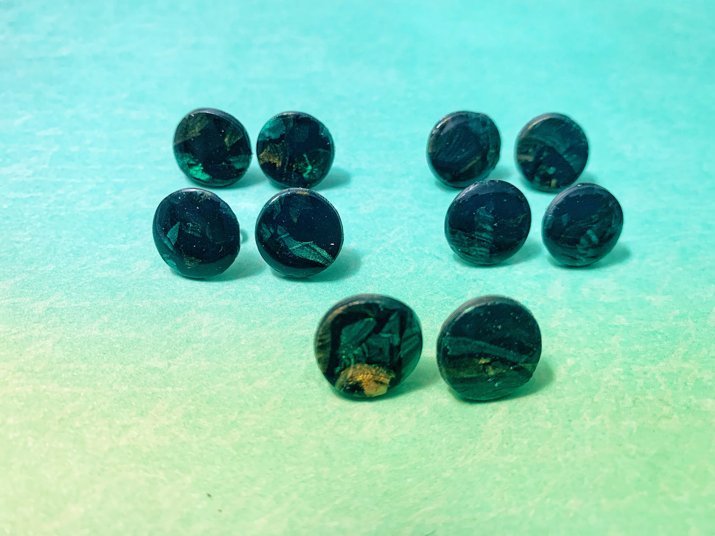 Handmade Polymer Clay Circle Post Earrings - Green and Gold on Black