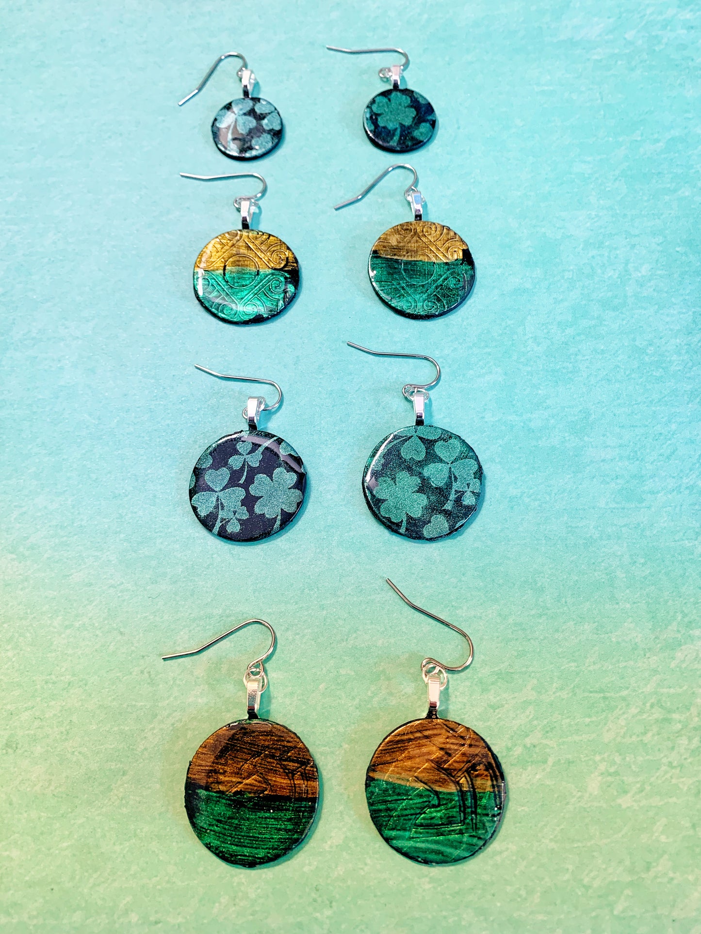 Polymer Clay Medium Dangle Earrings - Silkscreened Green Shamrocks
