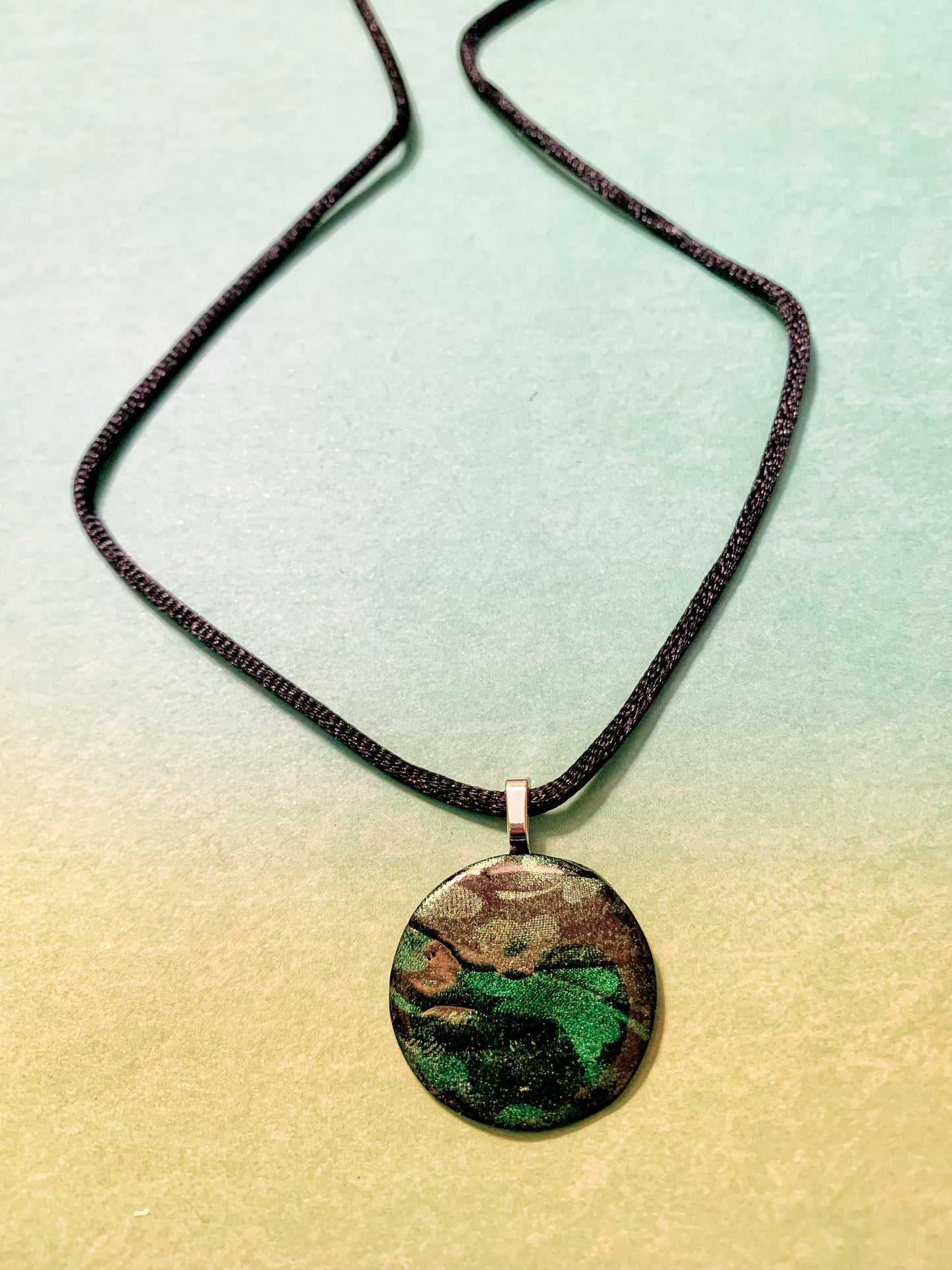 Small Polymer Clay Pendant - Abstract Silkscreened Green Shamrocks