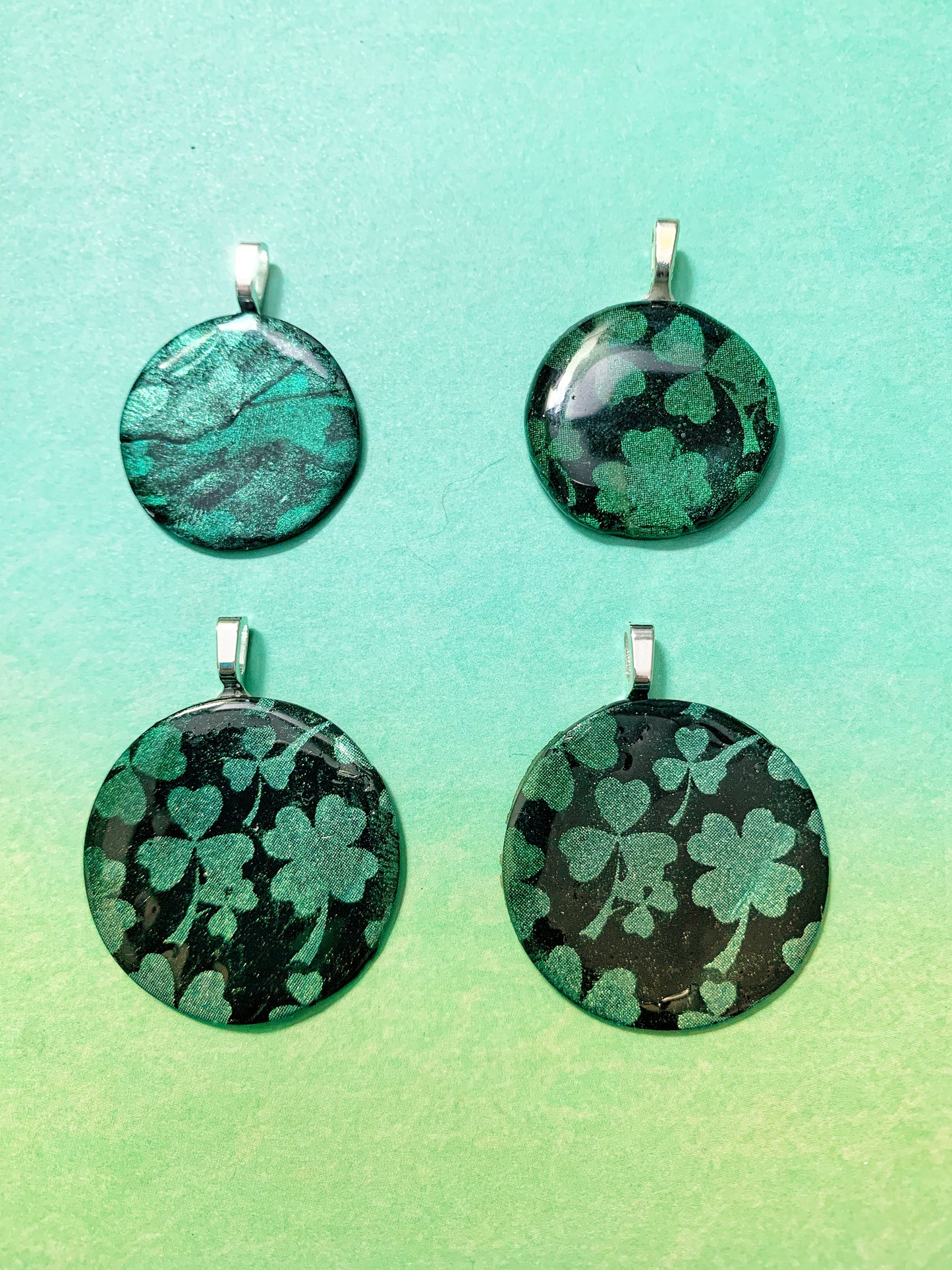 Medium Polymer Clay Circle Pendant - Silkscreened Green Shamrocks
