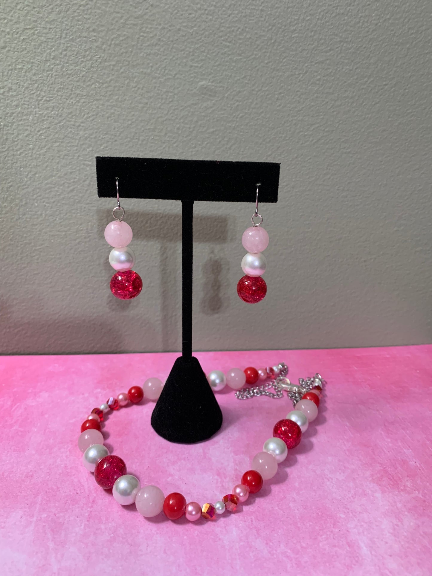 Red, White, and Pink Glass and Rose Quartz Necklace and Earrings Set