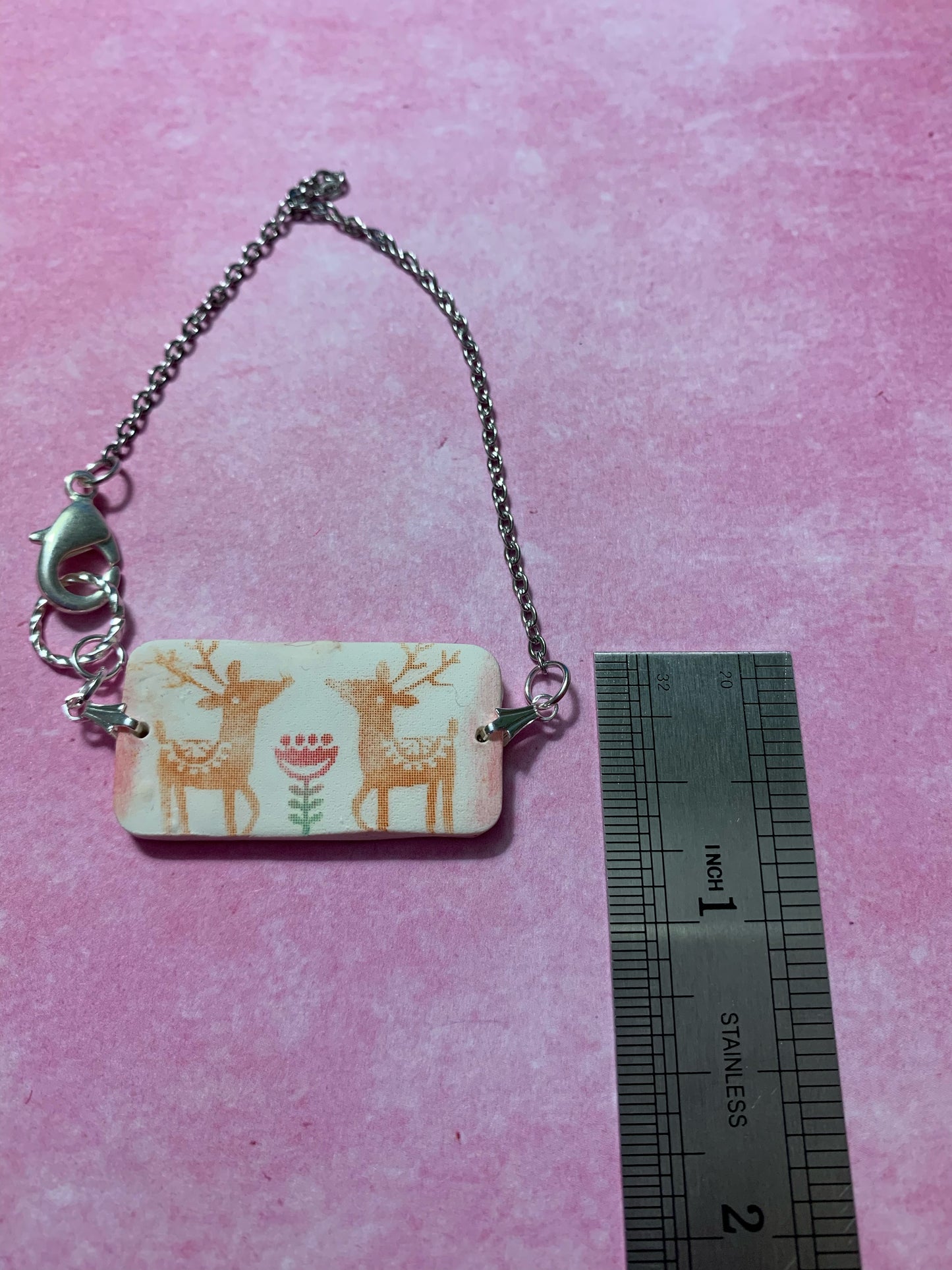 Silver Chain Bracelet with One-Hole Handmade White Polymer Clay Bracelet Bar Featuring Chalk Pastels Silkscreened Reindeer and One Flower