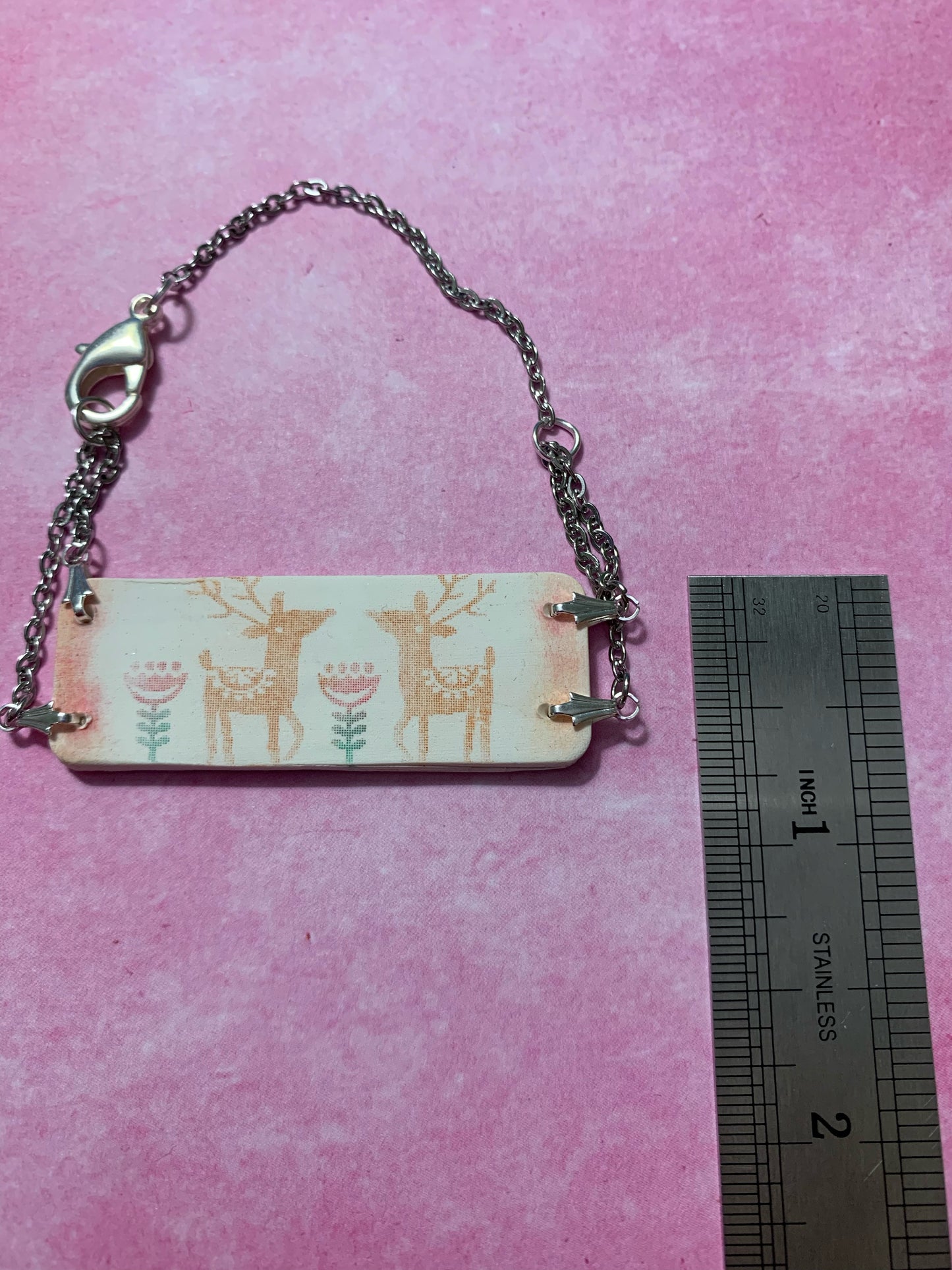 Silver Chain Bracelet with Two-Hole Handmade White Polymer Clay Bracelet Bar Featuring Chalk Pastels Silkscreened Reindeer and Two Flowers