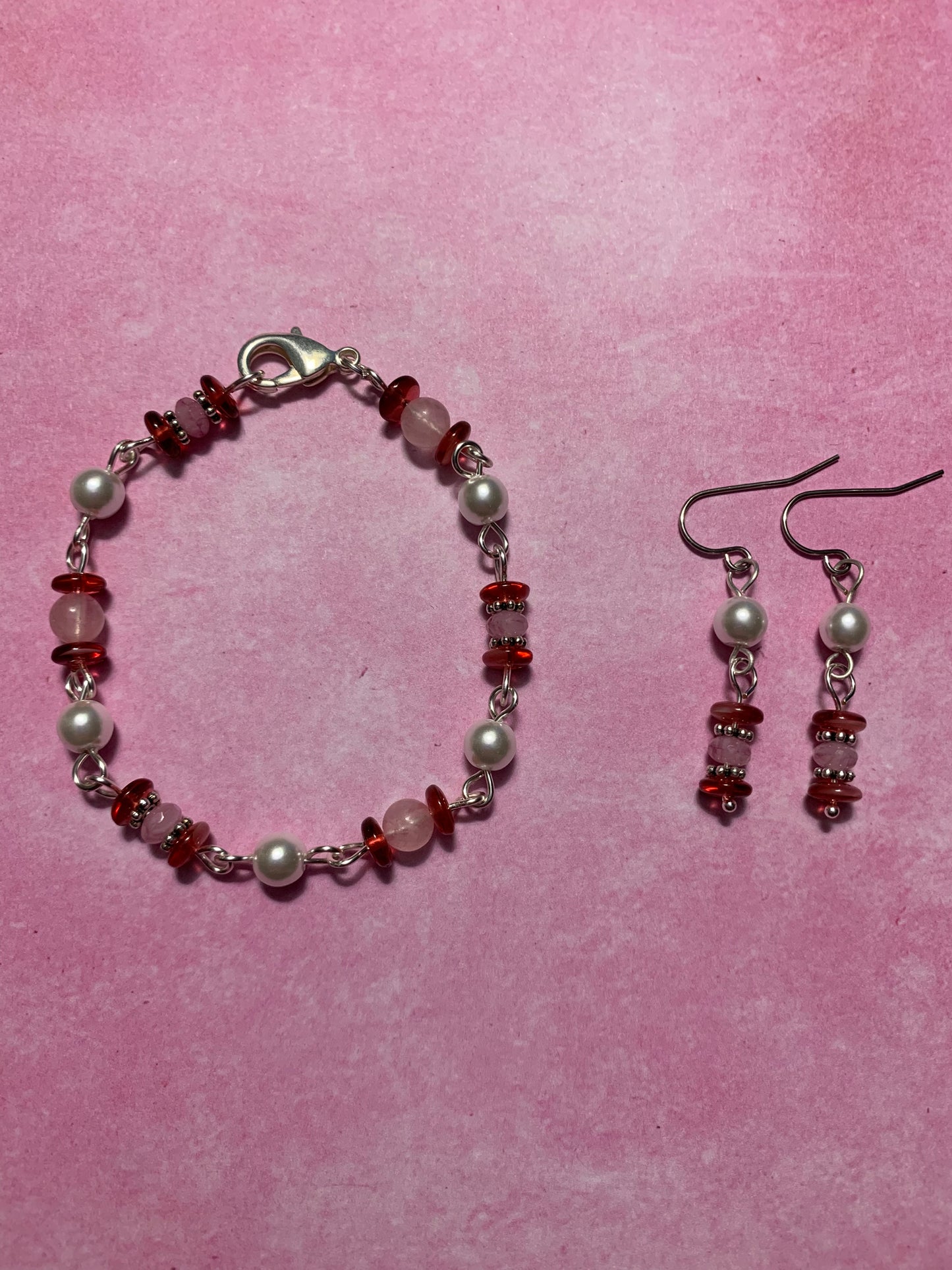 White, Pink, and Red Glass and Rose Quartz Bracelet / Earrings Set