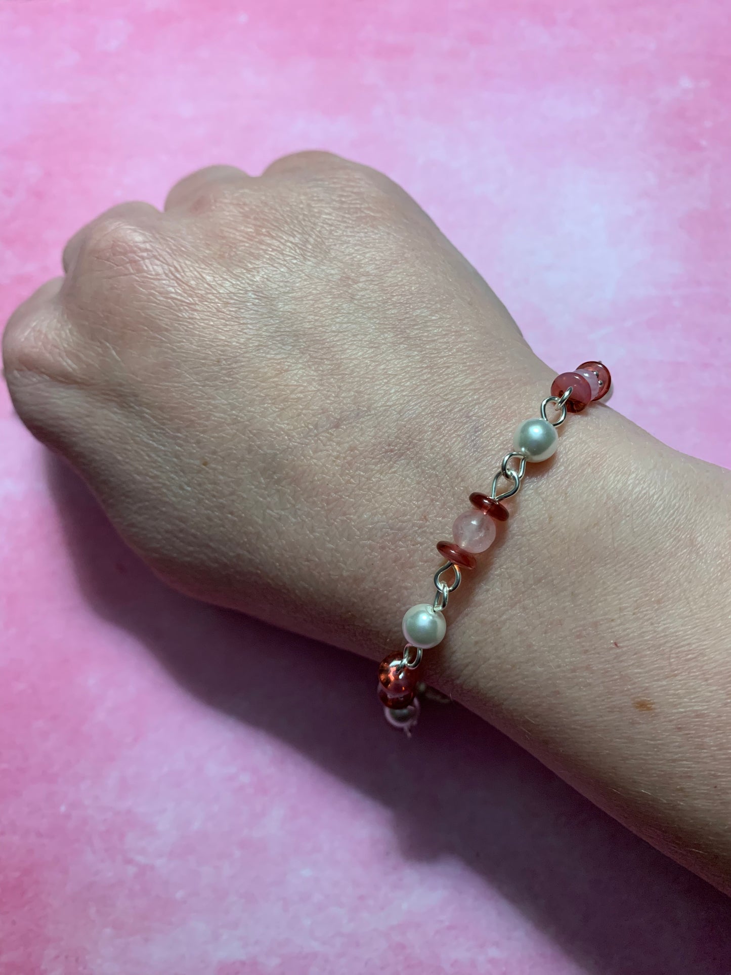 White, Pink, and Red Glass and Rose Quartz Bracelet / Earrings Set