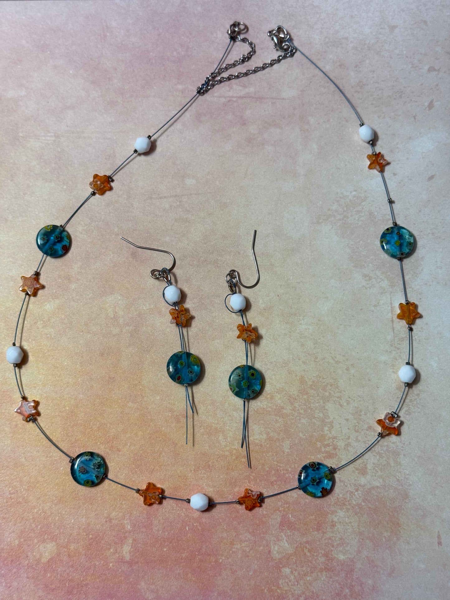 Blue-Green Milifiori Round with Orange Starfish Milifiori Bead Necklace and Earrings Set