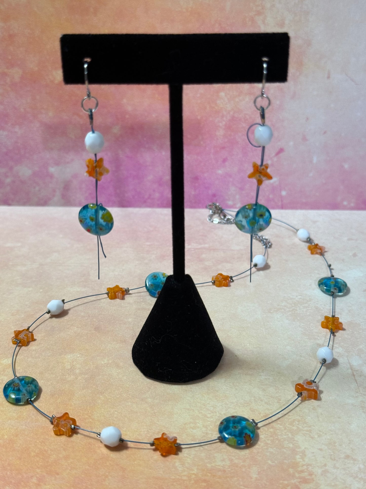 Blue-Green Milifiori Round with Orange Starfish Milifiori Bead Necklace and Earrings Set