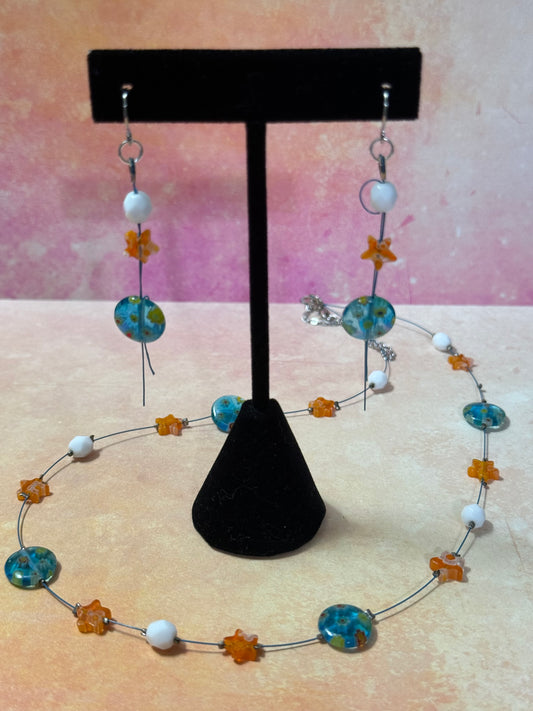 Blue-Green Milifiori Round with Orange Starfish Milifiori Bead Necklace and Earrings Set