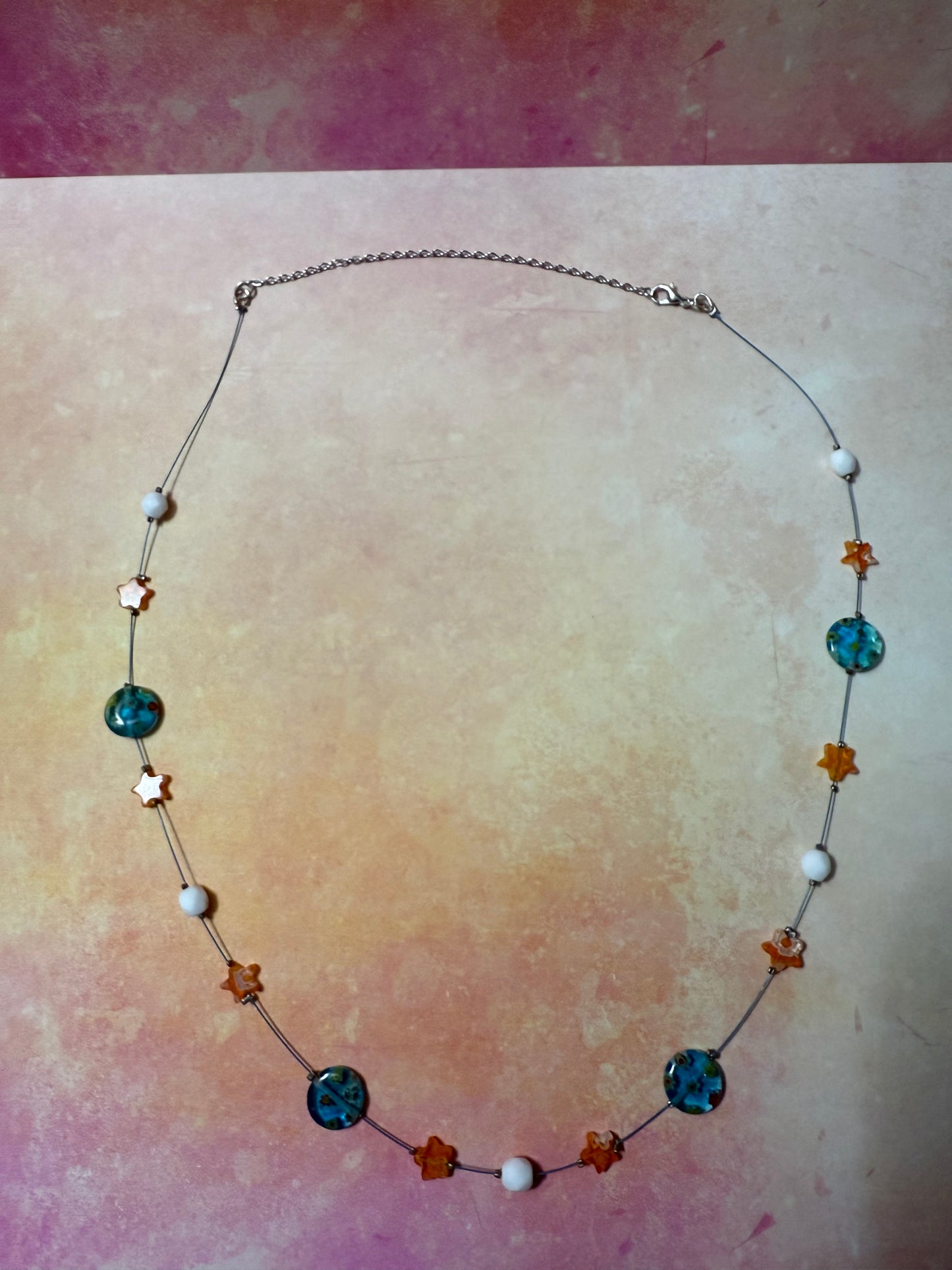 Blue-Green Milifiori Round with Orange Starfish Milifiori Bead Necklace and Earrings Set