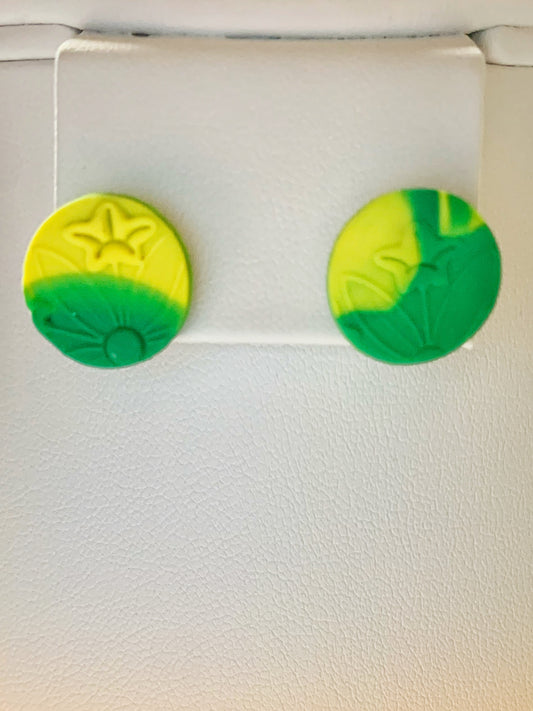 Handmade Polymer Clay Green and Yellow Stamped Flower Round Post Earrings with Stainless Steel Earring Backs