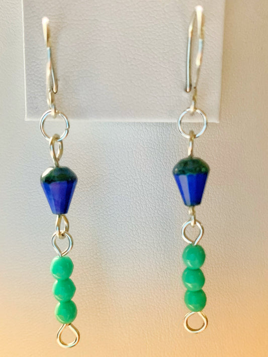 Hyacinth-Inspired Beaded Dangle Earrings with Czech Glass Blue Faceted Drops and Green Turquoise Czech Glass Rounds