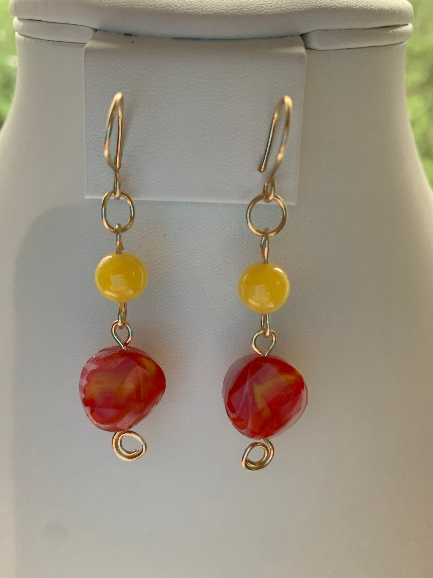 Tulip-Inspired Beaded Dangle Earrings with Swirled Red, White, and Yellow Twisted Glass Beads and Yellow Stone Rounds