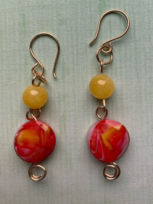 Tulip-Inspired Beaded Dangle Earrings with Swirled Red, White, and Yellow Twisted Glass Beads and Yellow Stone Rounds