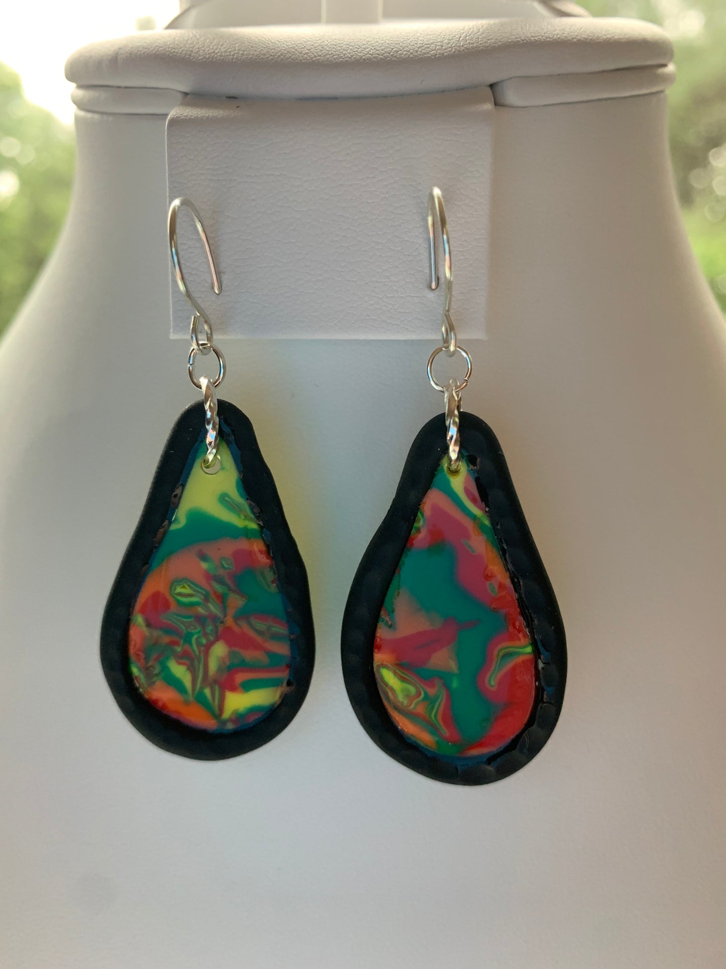 Handmade Polymer Clay Makume Gane Green, Red, Orange, and Yellow Teardrop Earrings