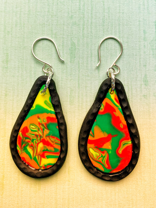 Handmade Polymer Clay Makume Gane Green, Red, Orange, and Yellow Teardrop Earrings