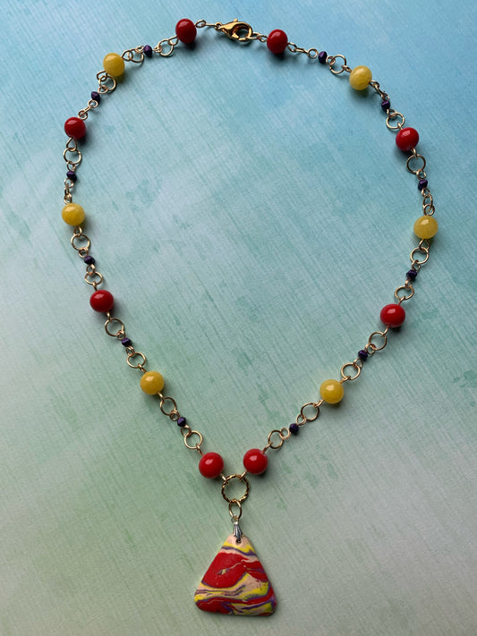 Purple, Red, and Yellow Czech Glass and Stone Bead Link Necklace with Handmade Polymer Clay Red, Yellow, and Purple Triangle Pendant