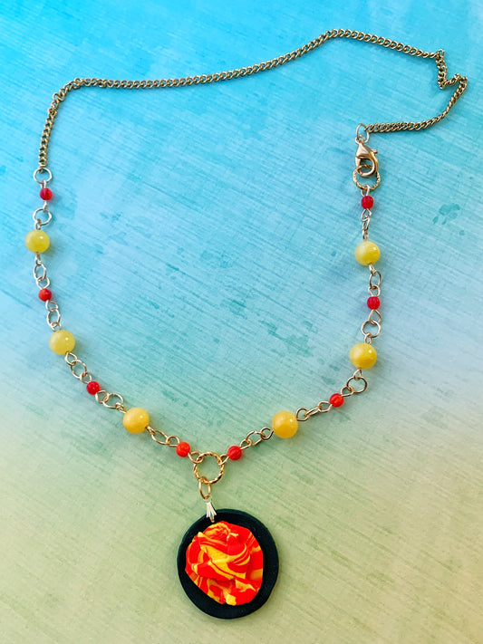 Red and Yellow Czech Glass and Stone Bead Link Necklace with Handmade Polymer Clay Red and Yellow Bird Round Pendant